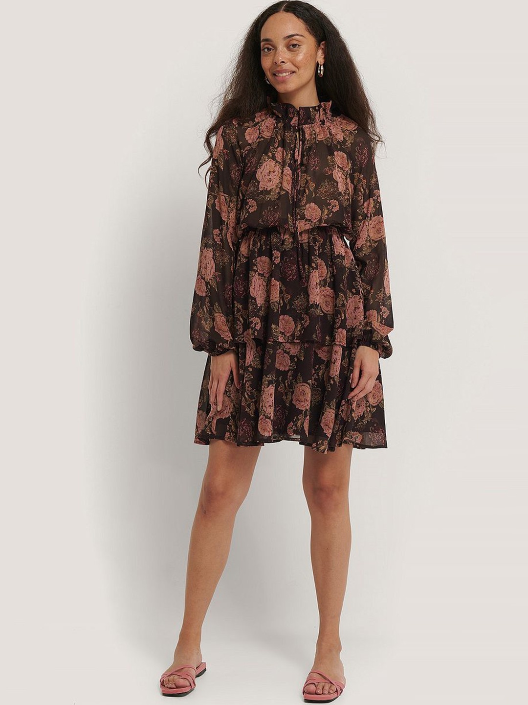 

TIRA Floral Printed Tie-Up Neck Gathered Chiffon Fit & Flare Dress, Peach