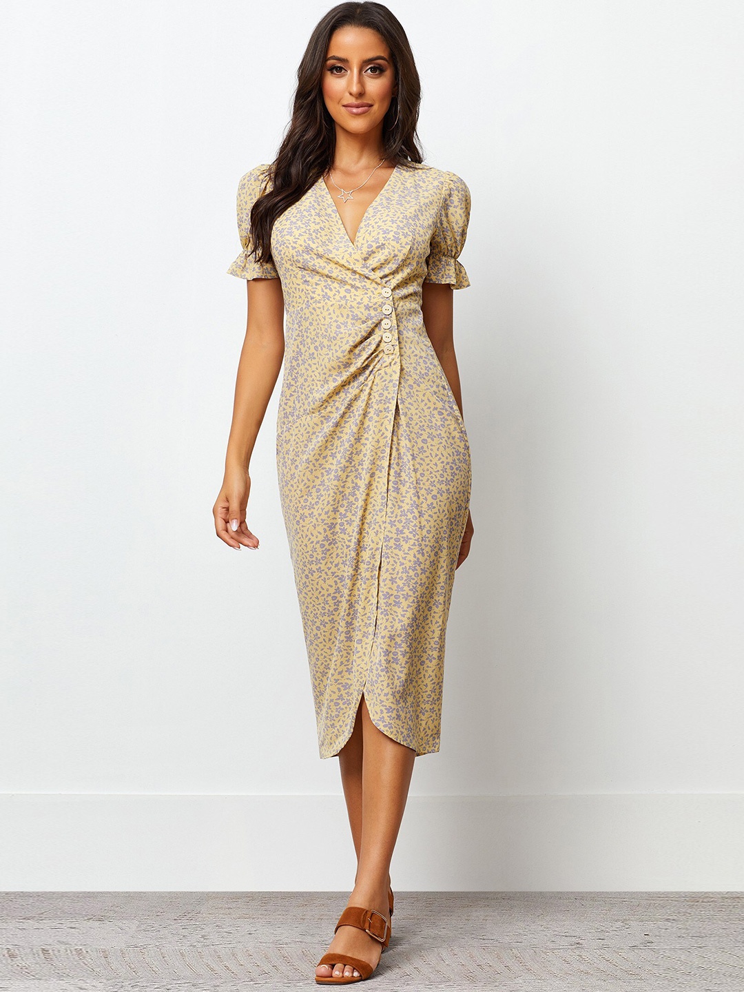

TIRA Floral Printed Crepe Midi Wrap Dress, Brown