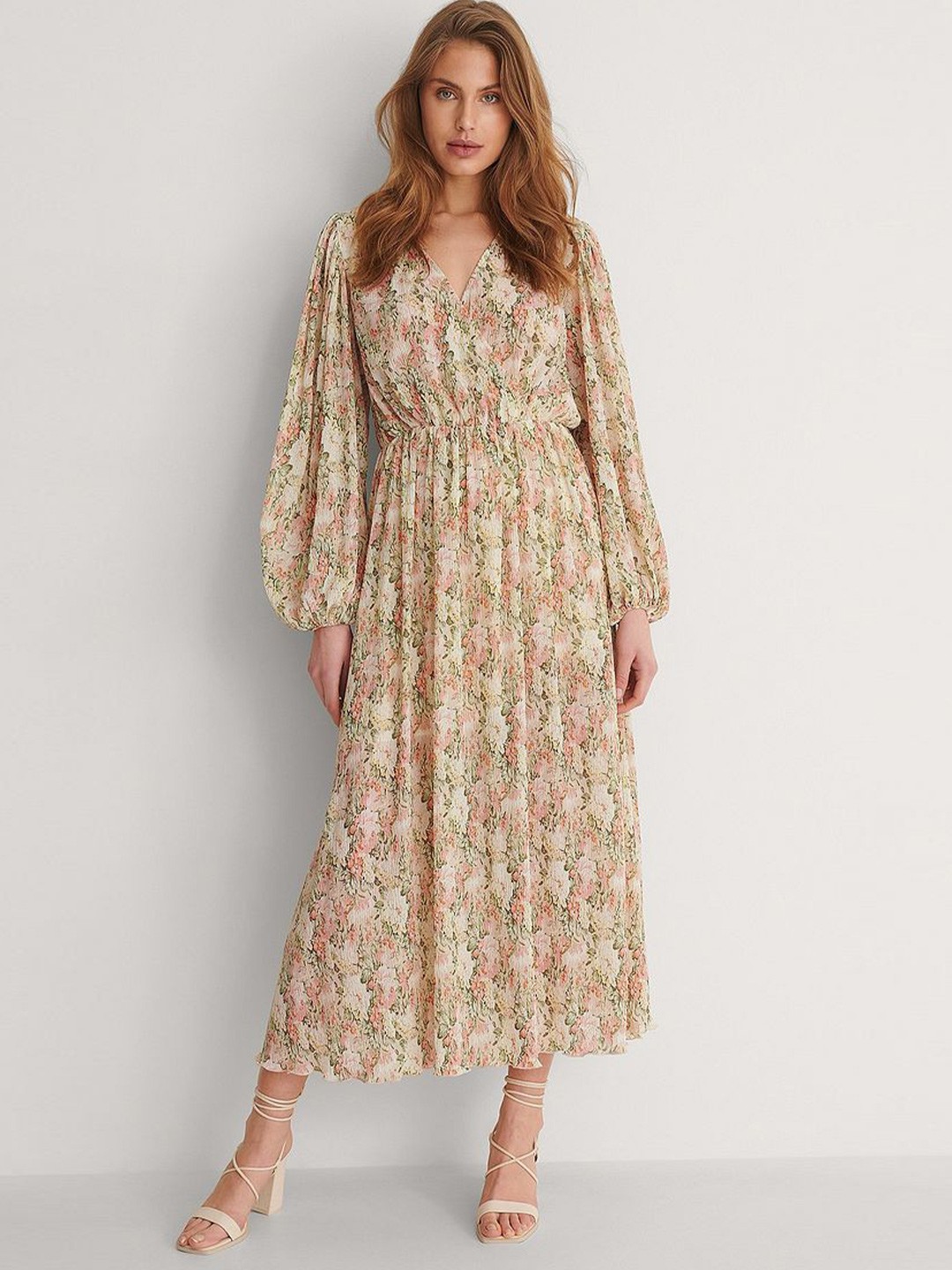 

TIRA Floral Printed Puff Sleeve Chiffon Fit and Flare Midi Dress, Yellow