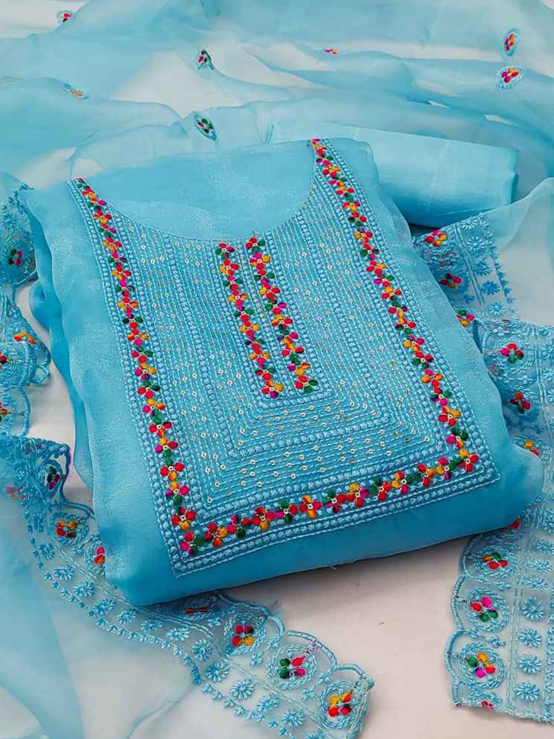 

faxofab Organza Unstitched Dress Material, Blue