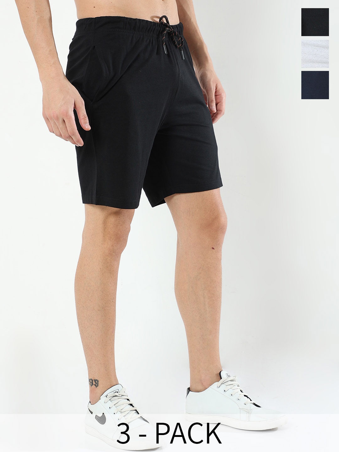 ARDEUR Pack Of 3 Mid Rise Cotton Sports Shorts, Black