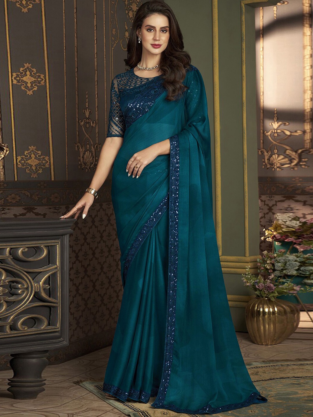 

Mitera Sequinned Pure Chiffon Chettinad Saree, Blue