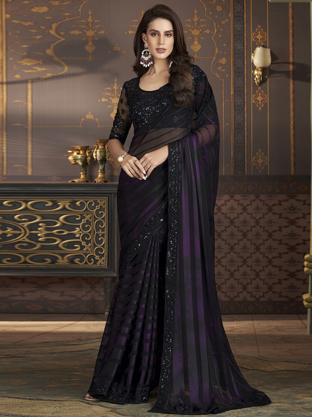 

Mitera Black Striped Printed Sequinned Pure Chiffon Leheriya Saree