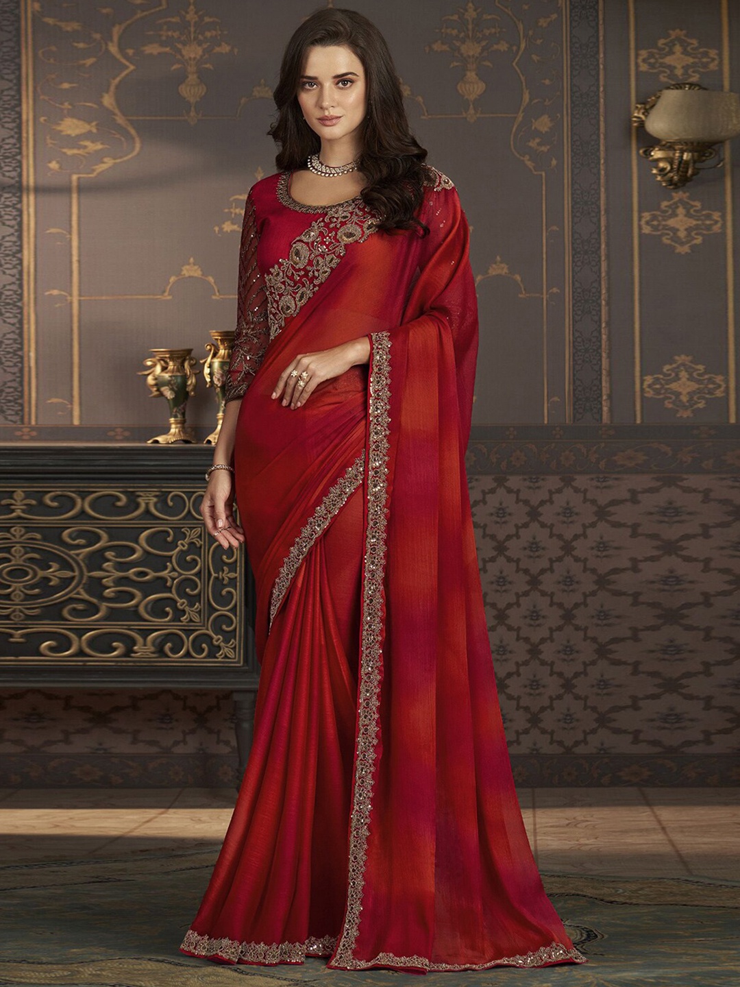 

Mitera Embroidered Pure Chiffon Chettinad Saree, Red