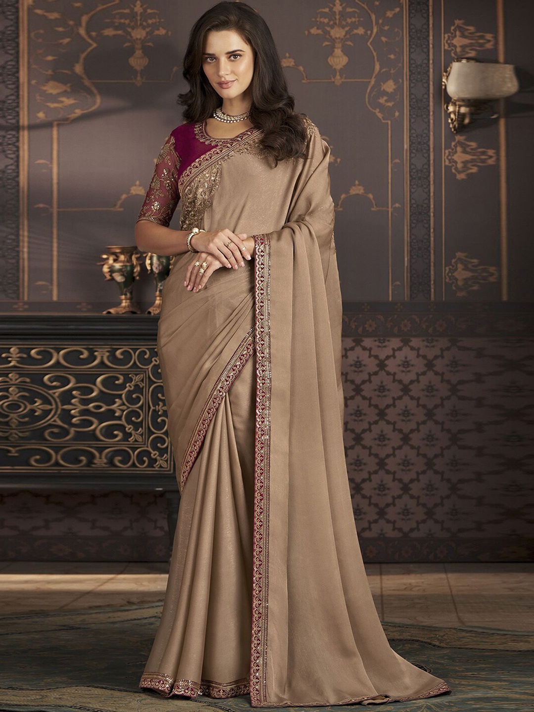 

Mitera Beige Gold toned Gotta Patti Chettinad Saree