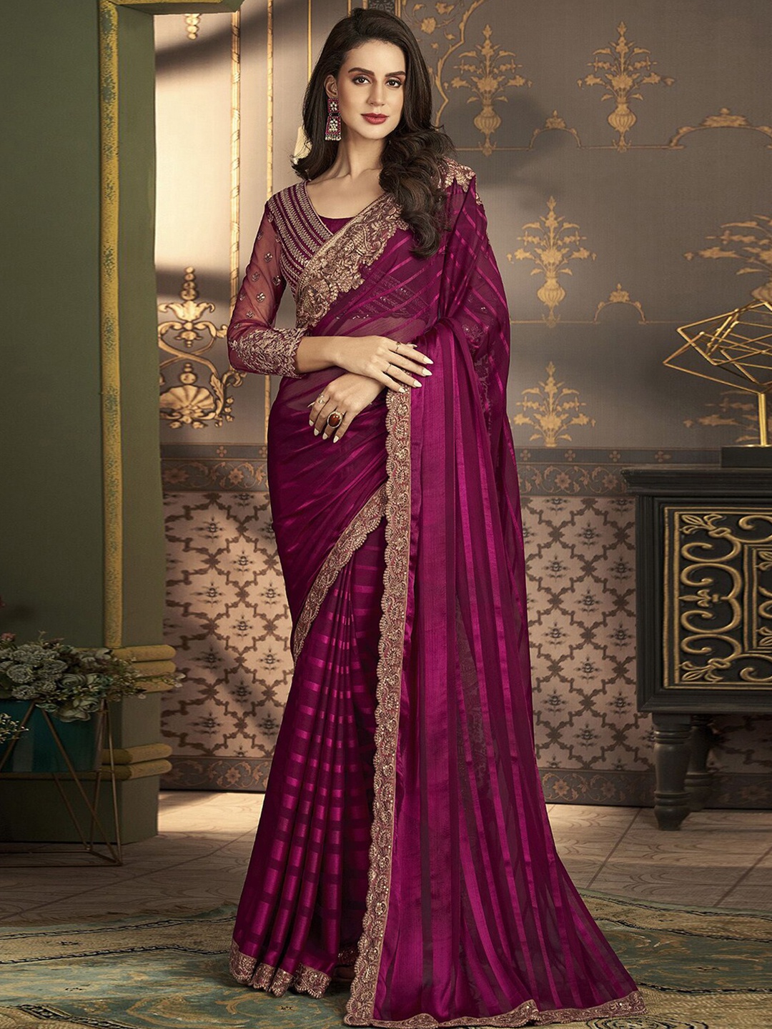 

Mitera Purple & Gold toned Striped Gotta Patti Pure Chiffon Leheriya Saree