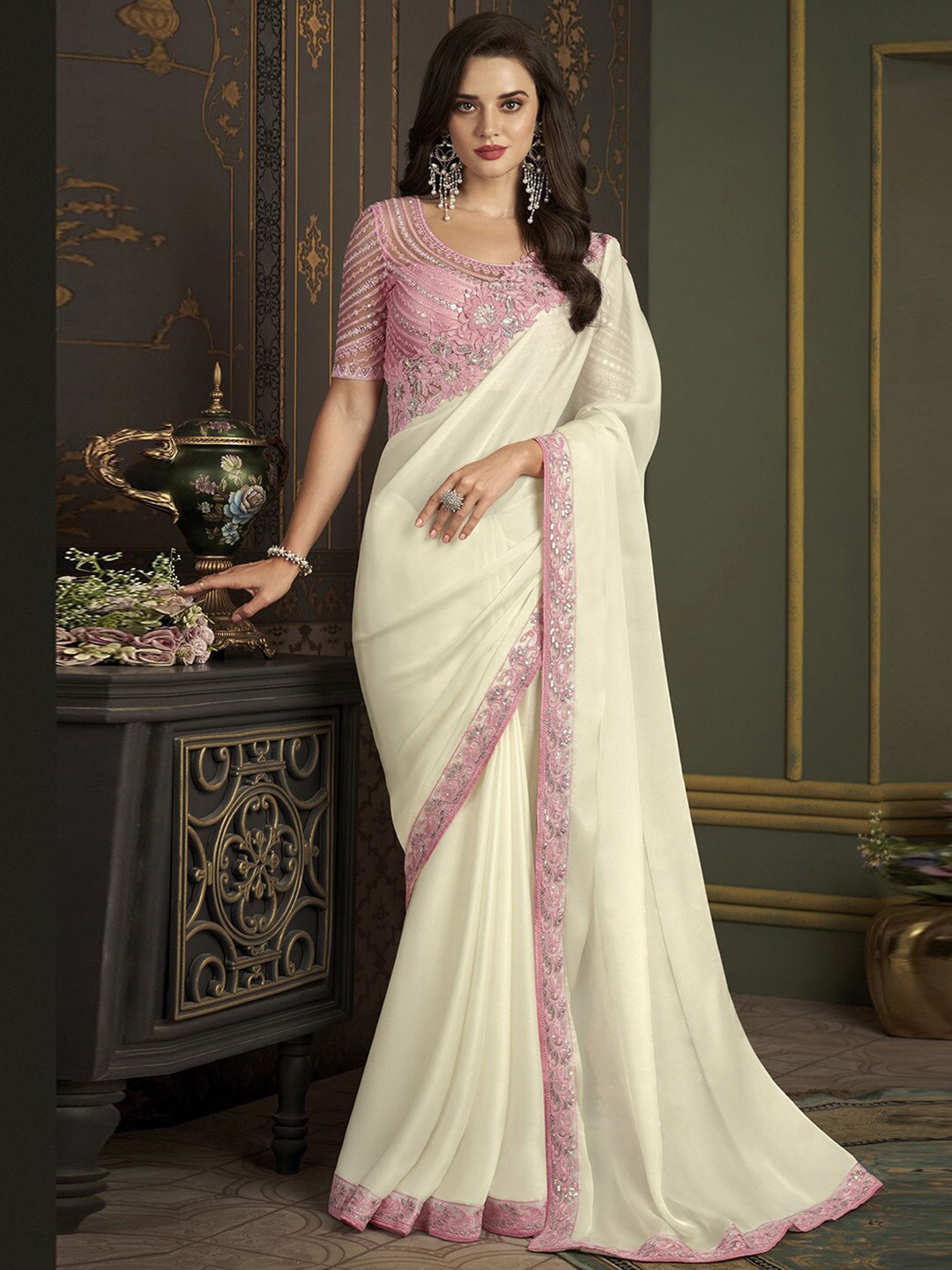 

Mitera Sequinned Embroidered Chettinad Saree, Off white