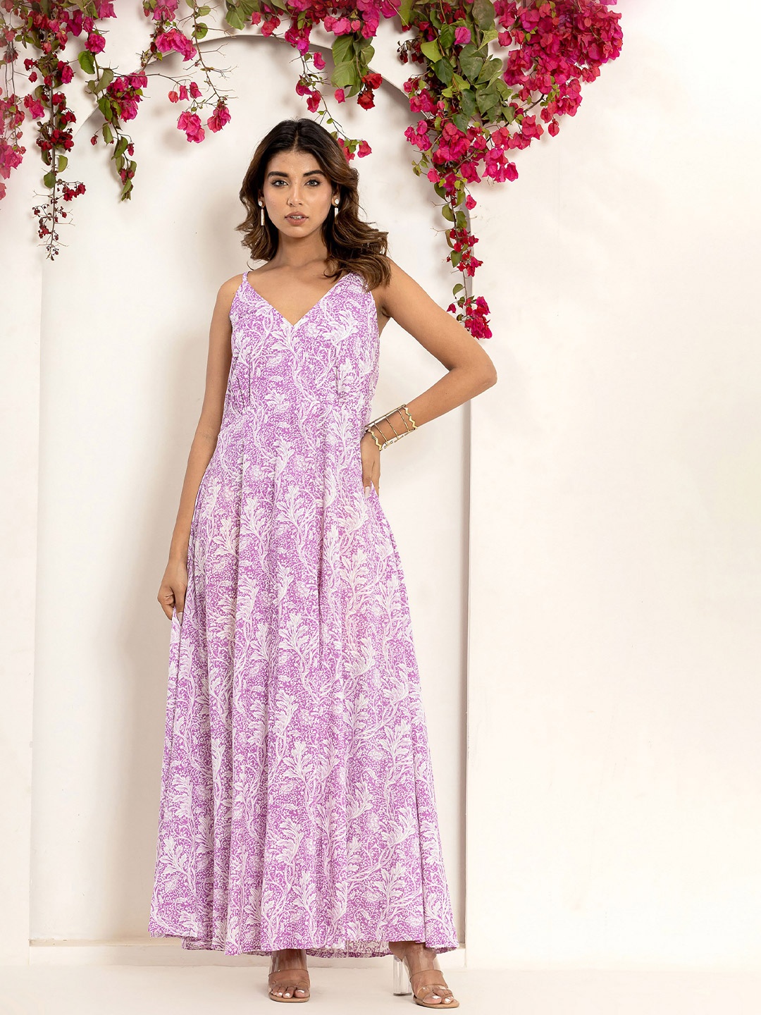 

FEATHERS CLOSET Floral Printed Pure Cotton Maxi Dress, Lavender