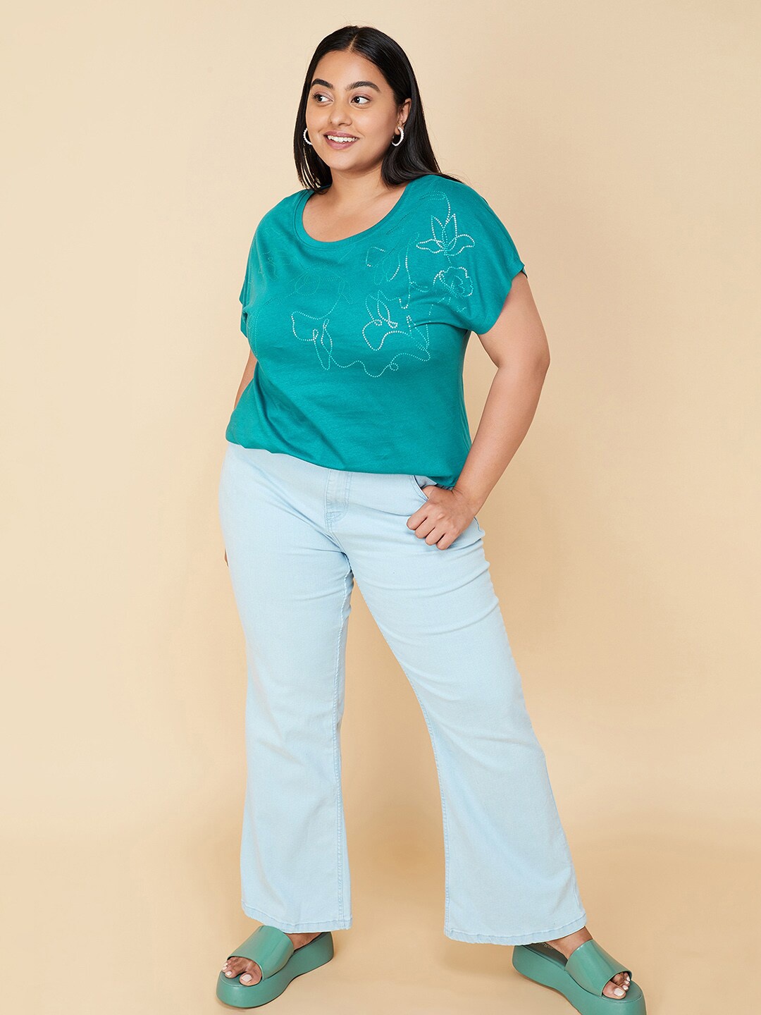 

max Plus Size Floral Printed Pure Cotton T-shirt, Blue