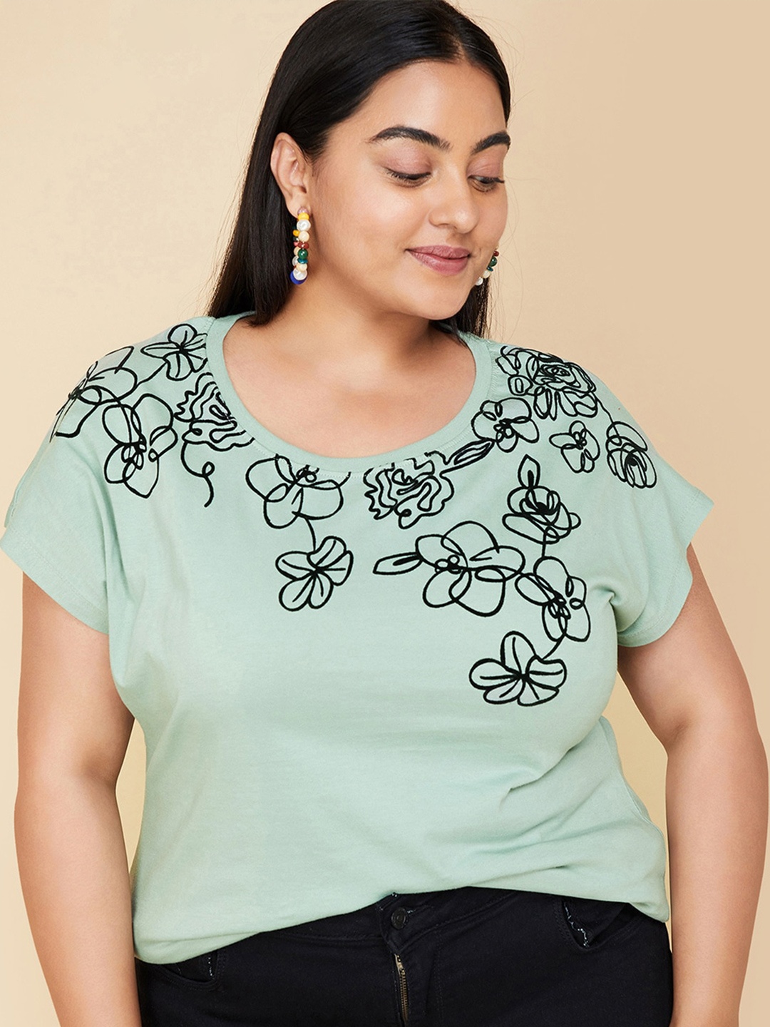 

max Plus Size Floral Printed Round Neck Extended Sleeves Cotton T-shirt, Green