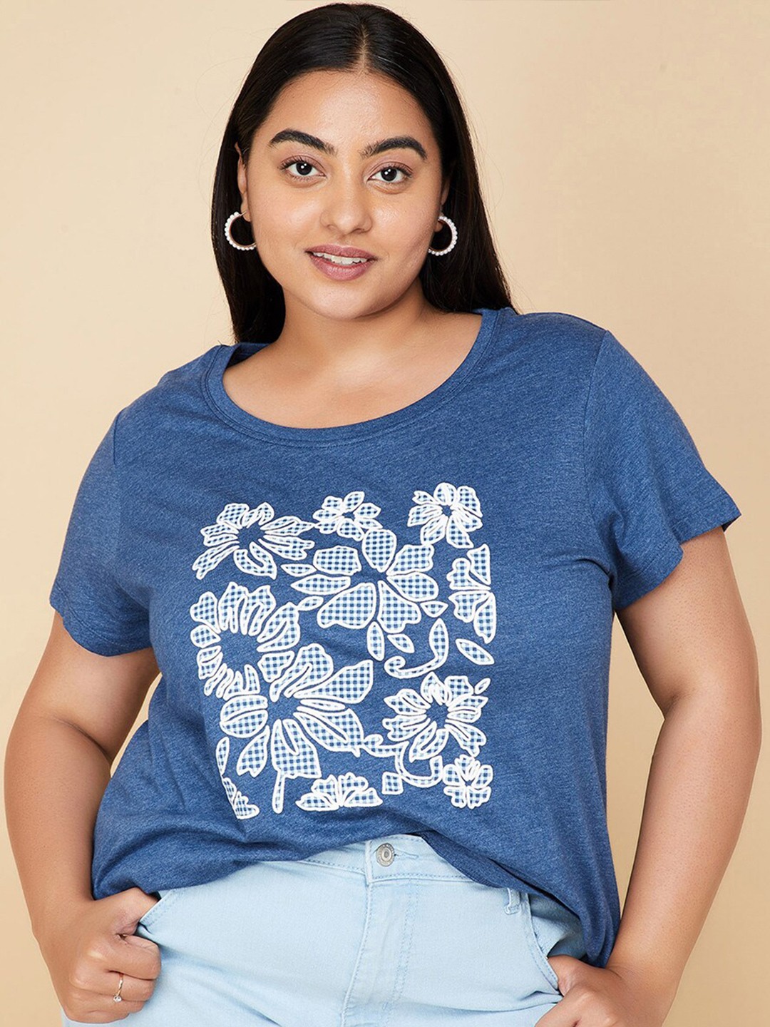 

max Plus Size Floral Printed Cotton T-shirt, Navy blue