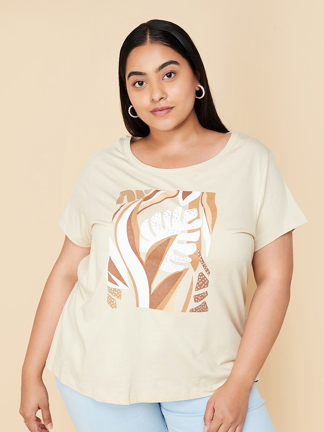 

max Plus Size Graphic Printed Cotton T-shirt, Beige