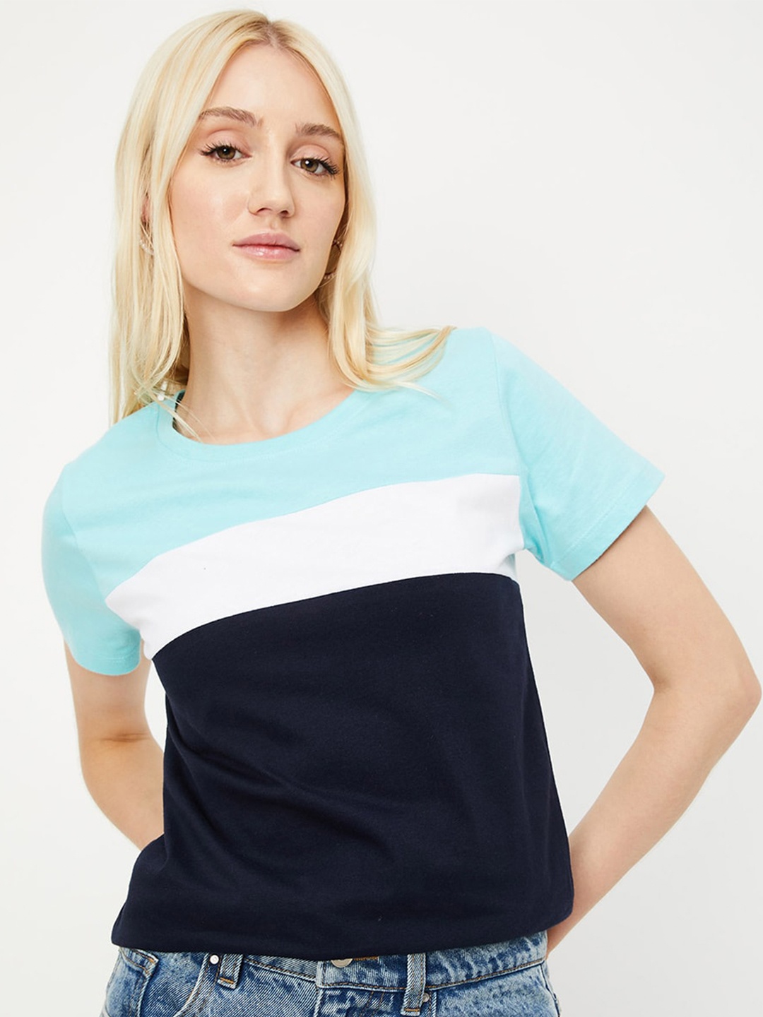 

max Colourblocked Short Sleeves Round Neck Cotton Casual T-shirt, Navy blue