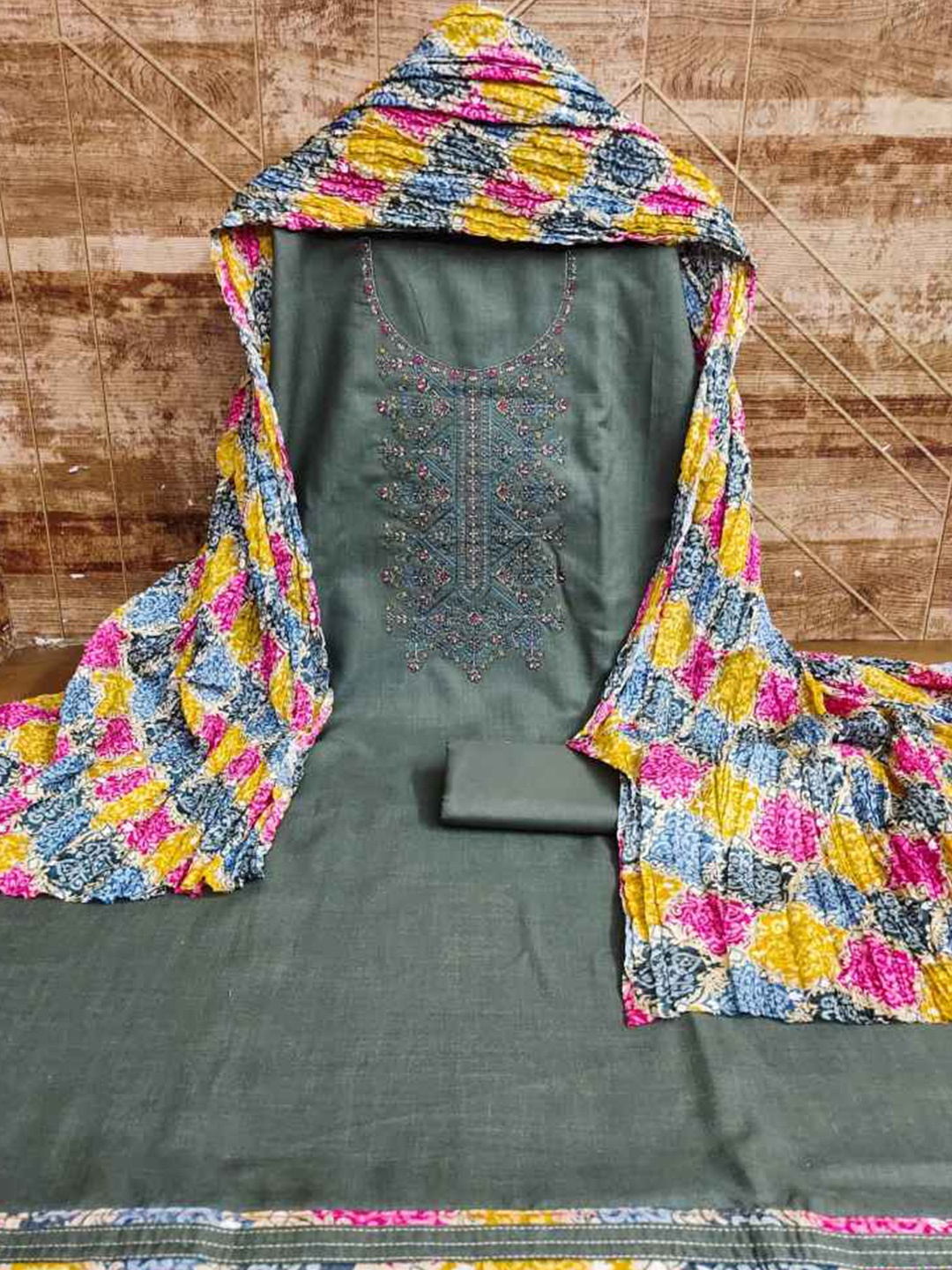 

faxofab Embroidered Unstitched Dress Material, Grey
