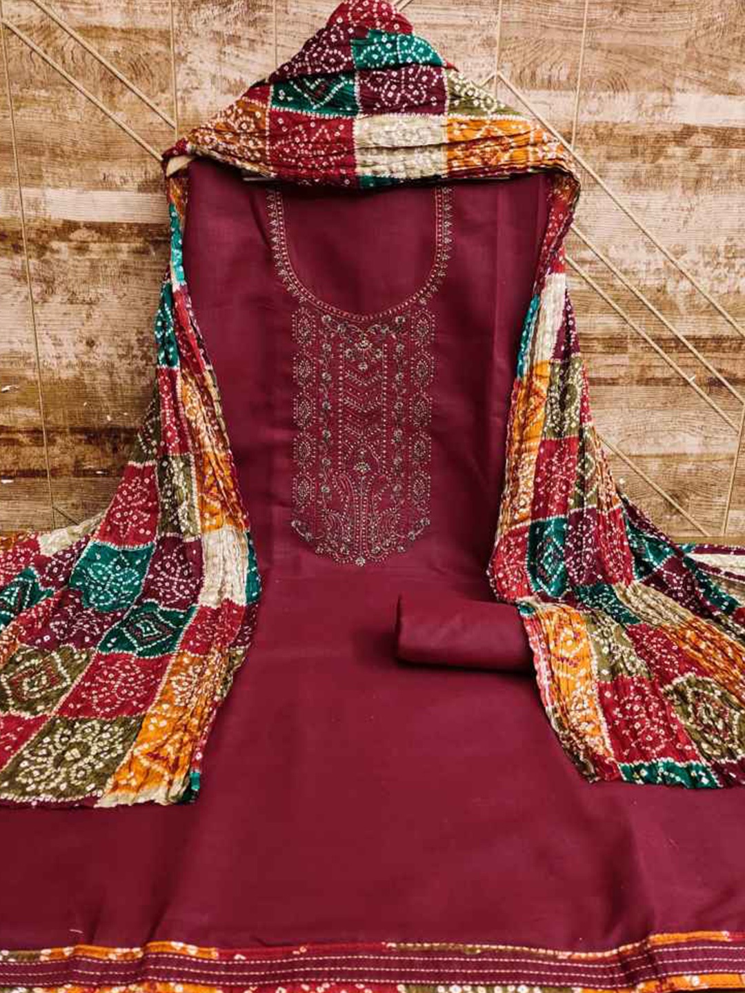

faxofab Embroidered Unstitched Dress Material, Maroon