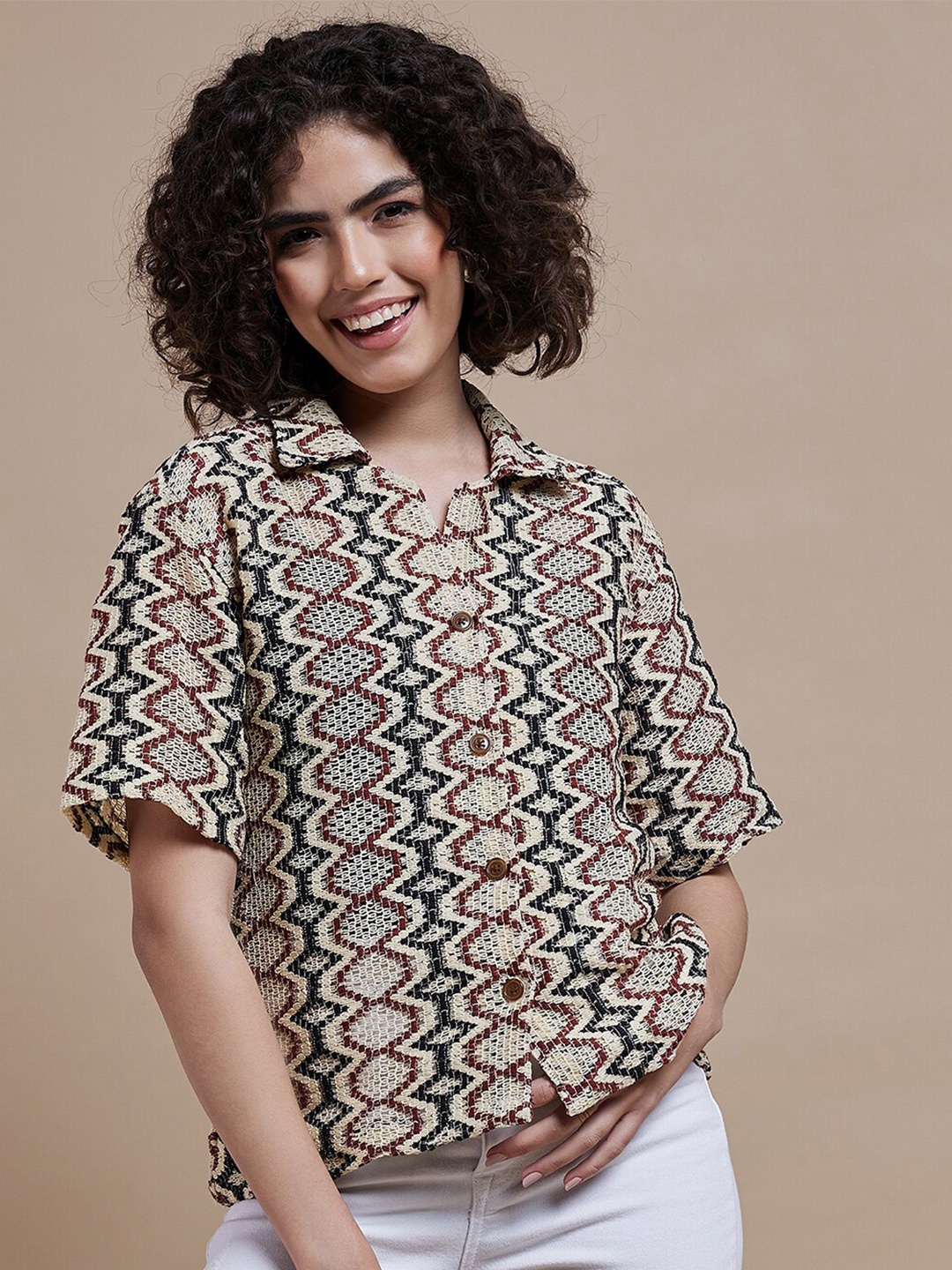 

The Roadster Lifestyle Co Printed Cotton Relaxed-Fit Crochet Casual Shirt, Beige
