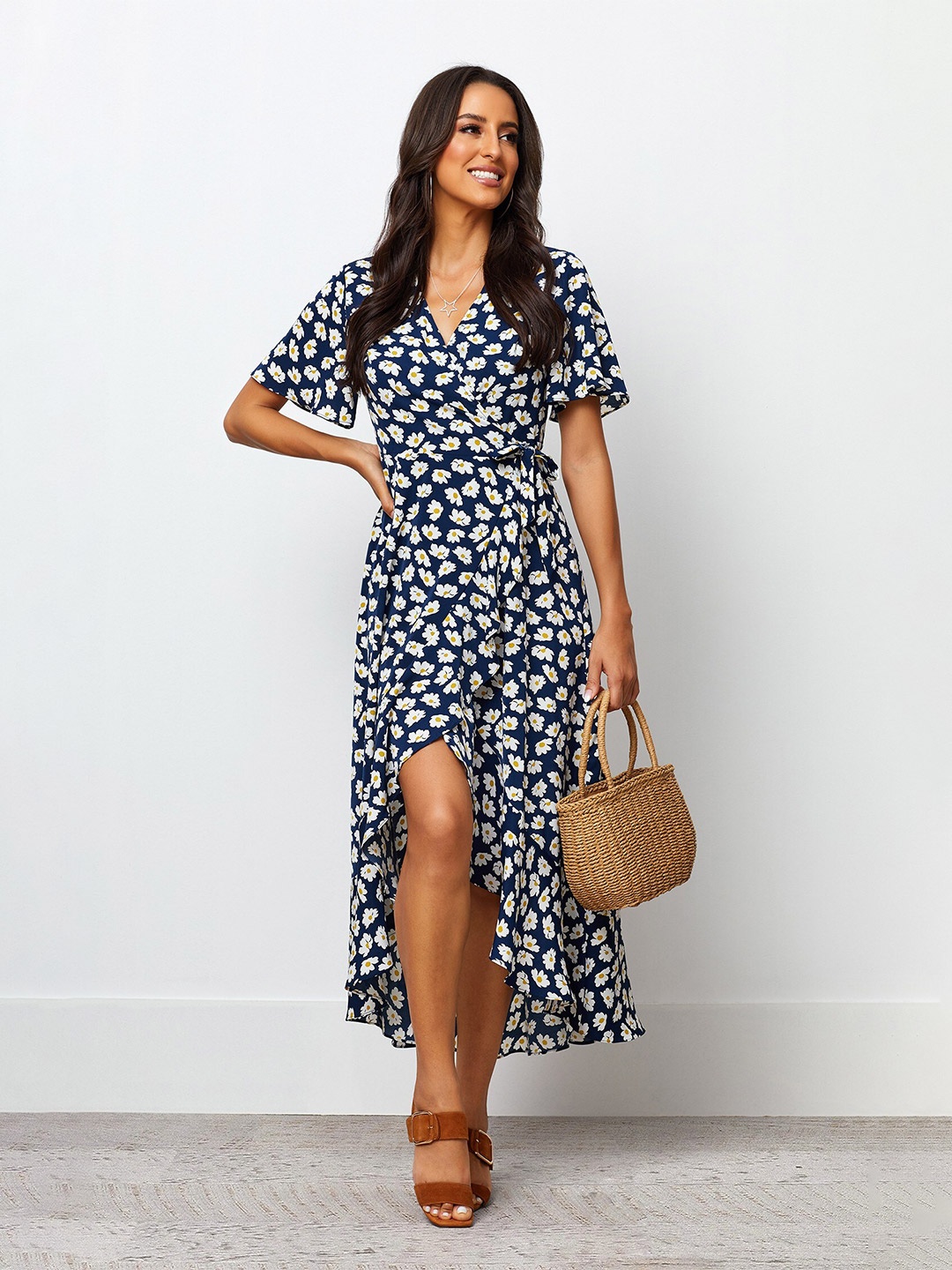 

Mitera Floral Printed V Neck Flared Sleeve Wrap Maxi Dress, Navy blue