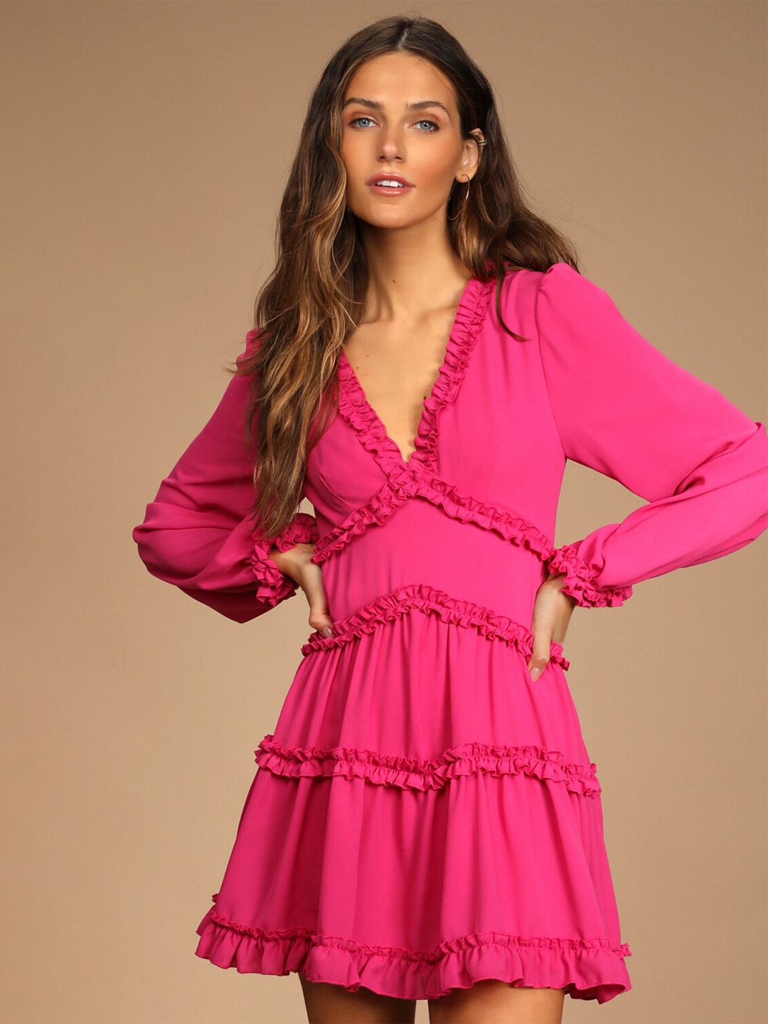 

Mitera Puff Sleeve Georgette Fit & Flare Mini Dress, Pink