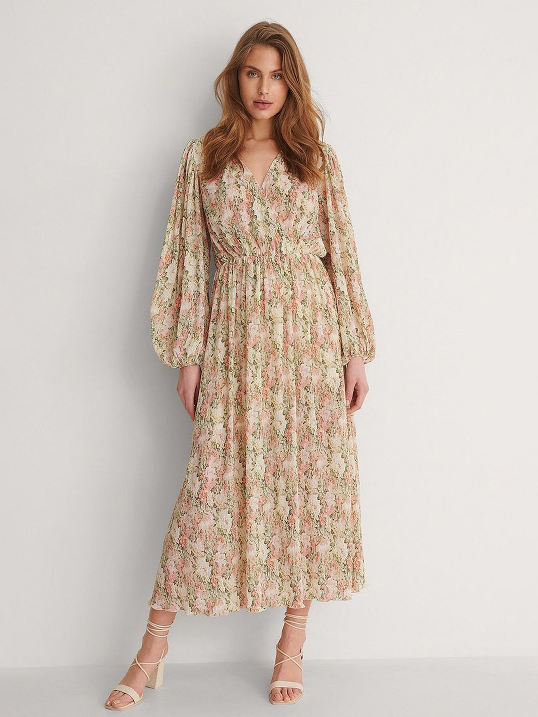 

Mitera Floral Print Puff Sleeve Chiffon A-Line Midi Dress, Yellow