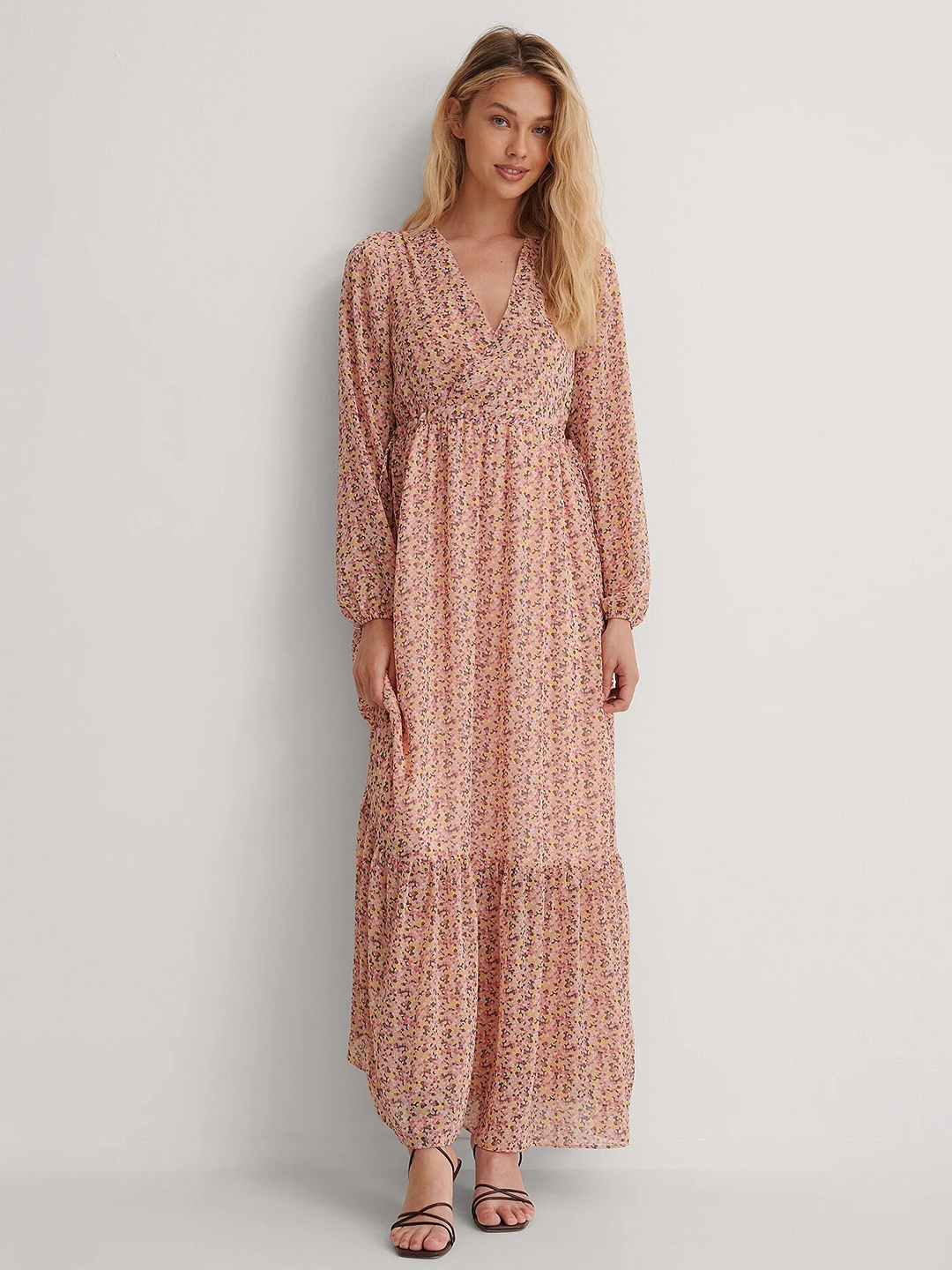 

Mitera Floral Printed V Neck Georgette Fit & Flare Maxi Dress, Orange