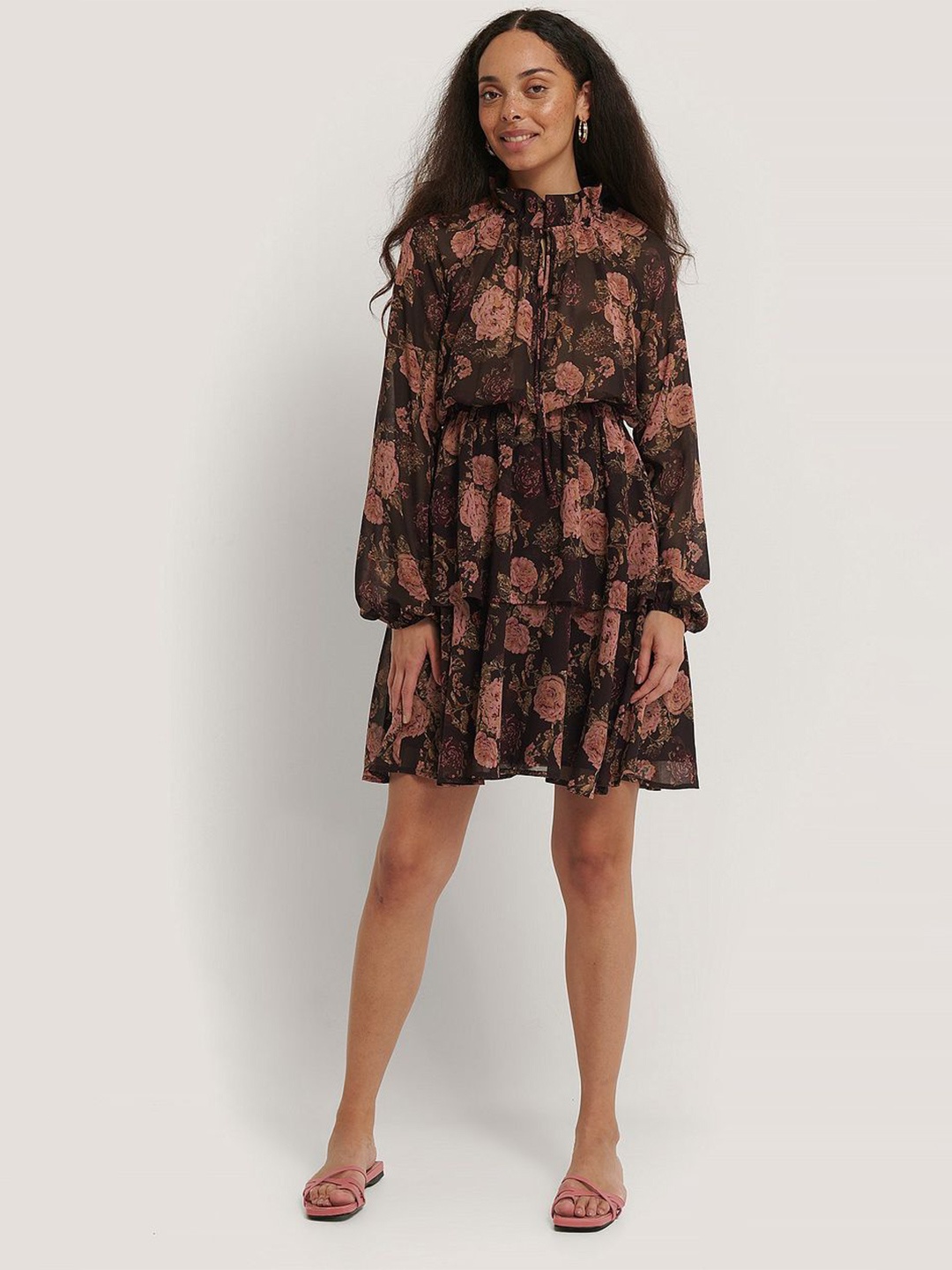 

Mitera Floral Printed Tie-Up Neck Chiffon Fit & Flare Dress, Brown