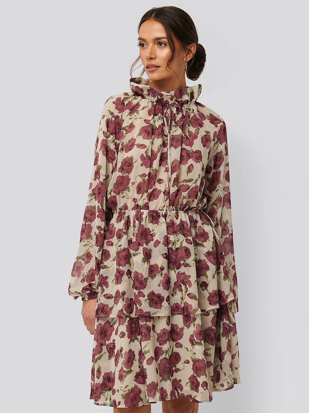 

Mitera Floral Printed High Neck Fit and Flare Dress, Brown