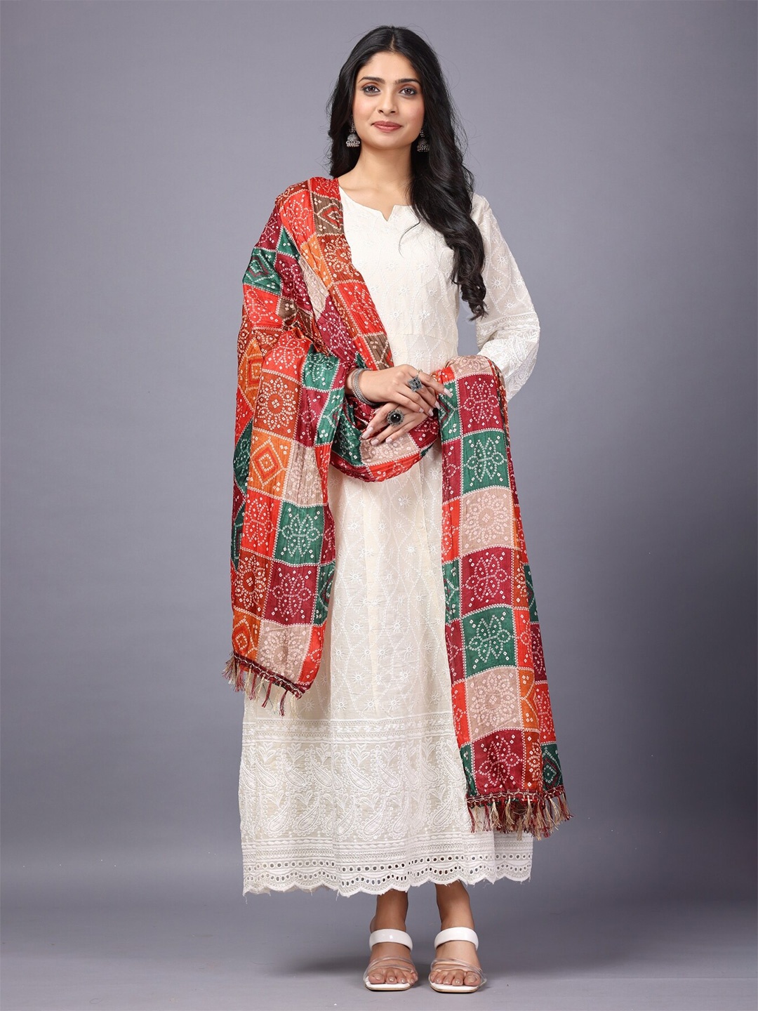 

Anouk Ethnic Motifs Embroidered Cotton Maxi Dress With Dupatta, Off white