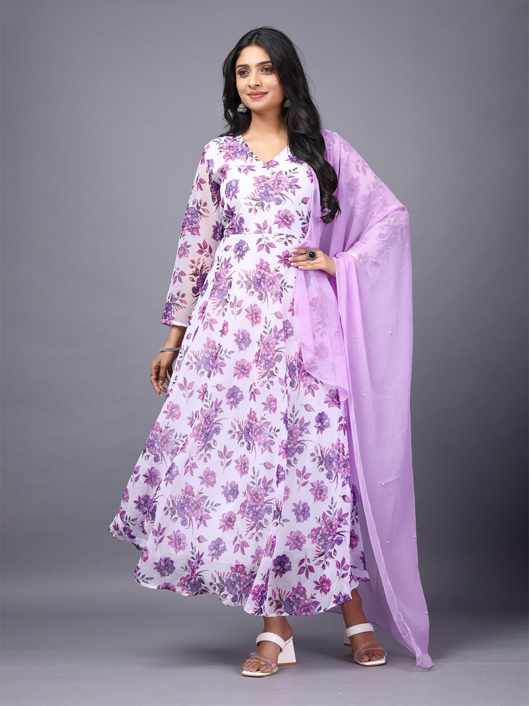 

Anouk Floral Printed Georgette Maxi Dress With Dupatta, Lavender