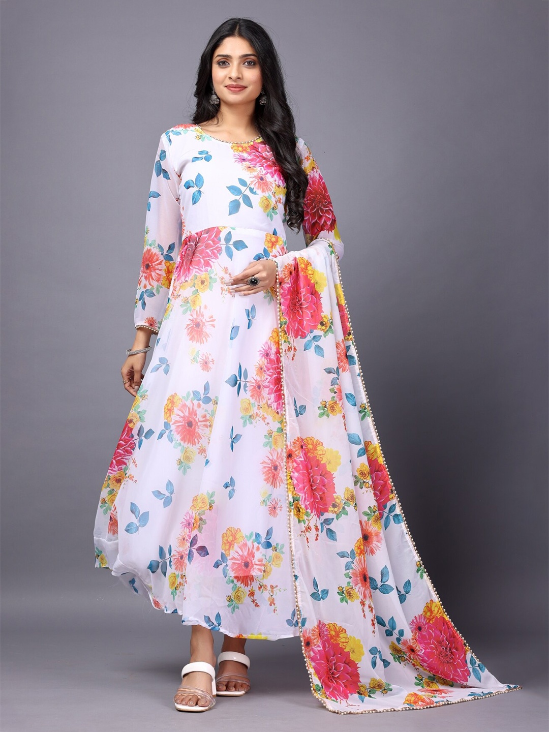 

Anouk Floral Printed Georgette Maxi Dress With Dupatta, White