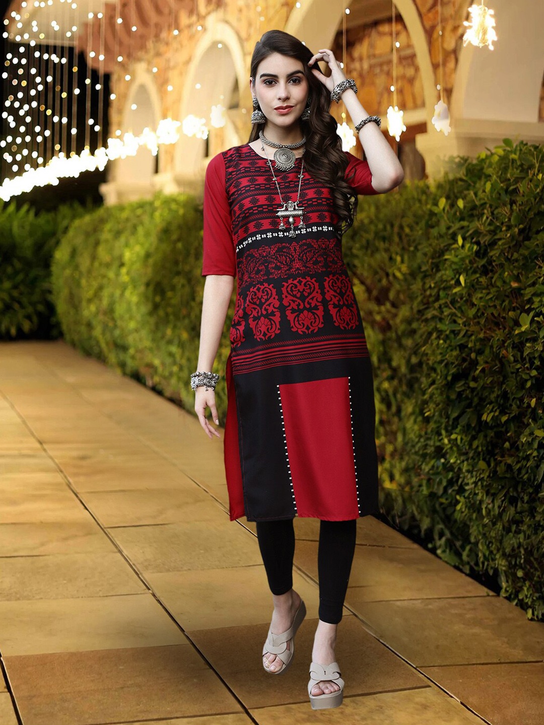 

7Threads Ethnic Motifs Printed Straight Kurta, Purple