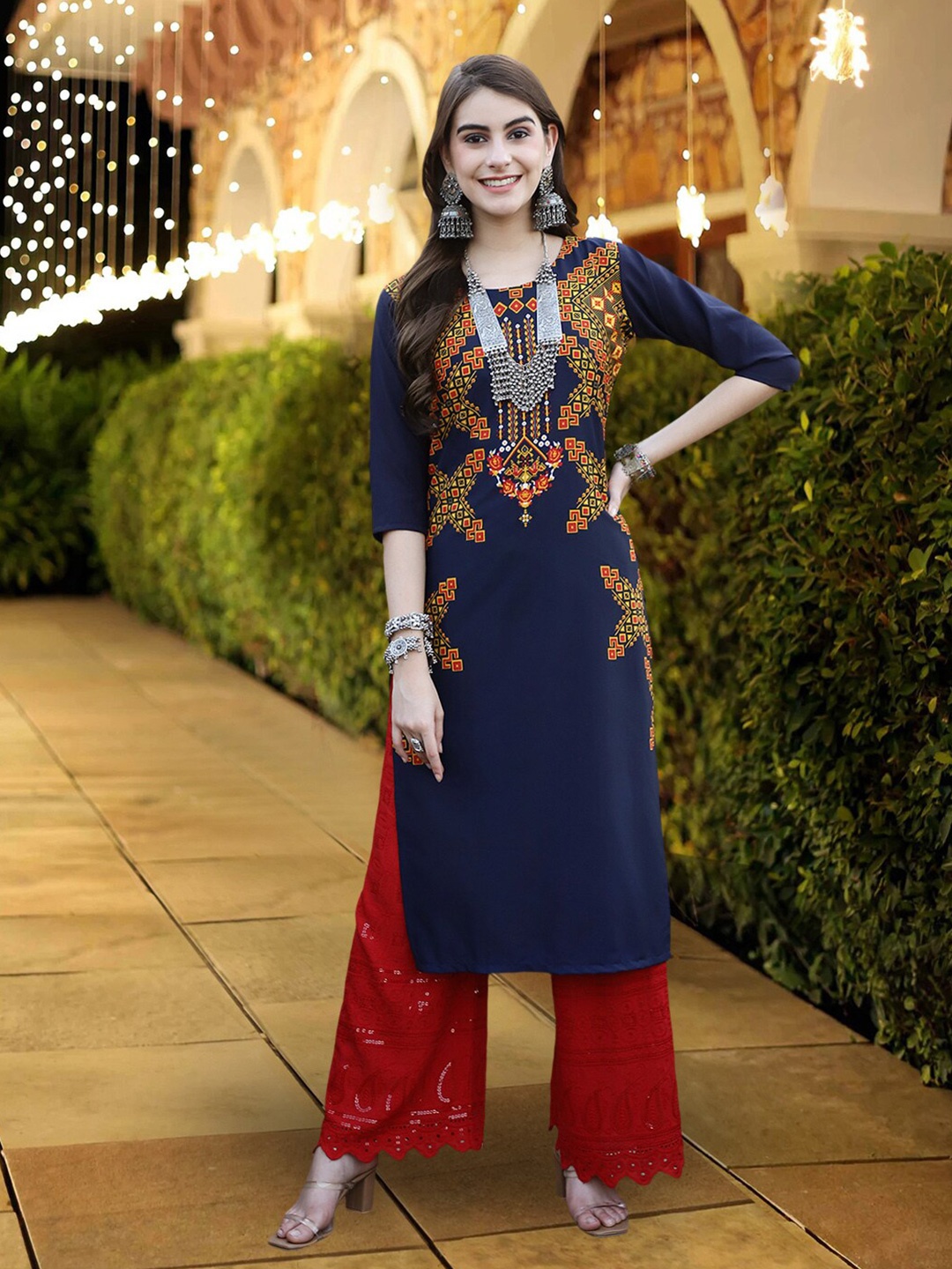 

7Threads Ethnic Motifs Printed Straight Kurta, Blue