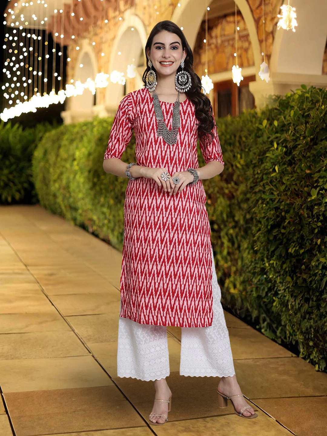 

7Threads Chevron Printed Straight Kurta, Pink
