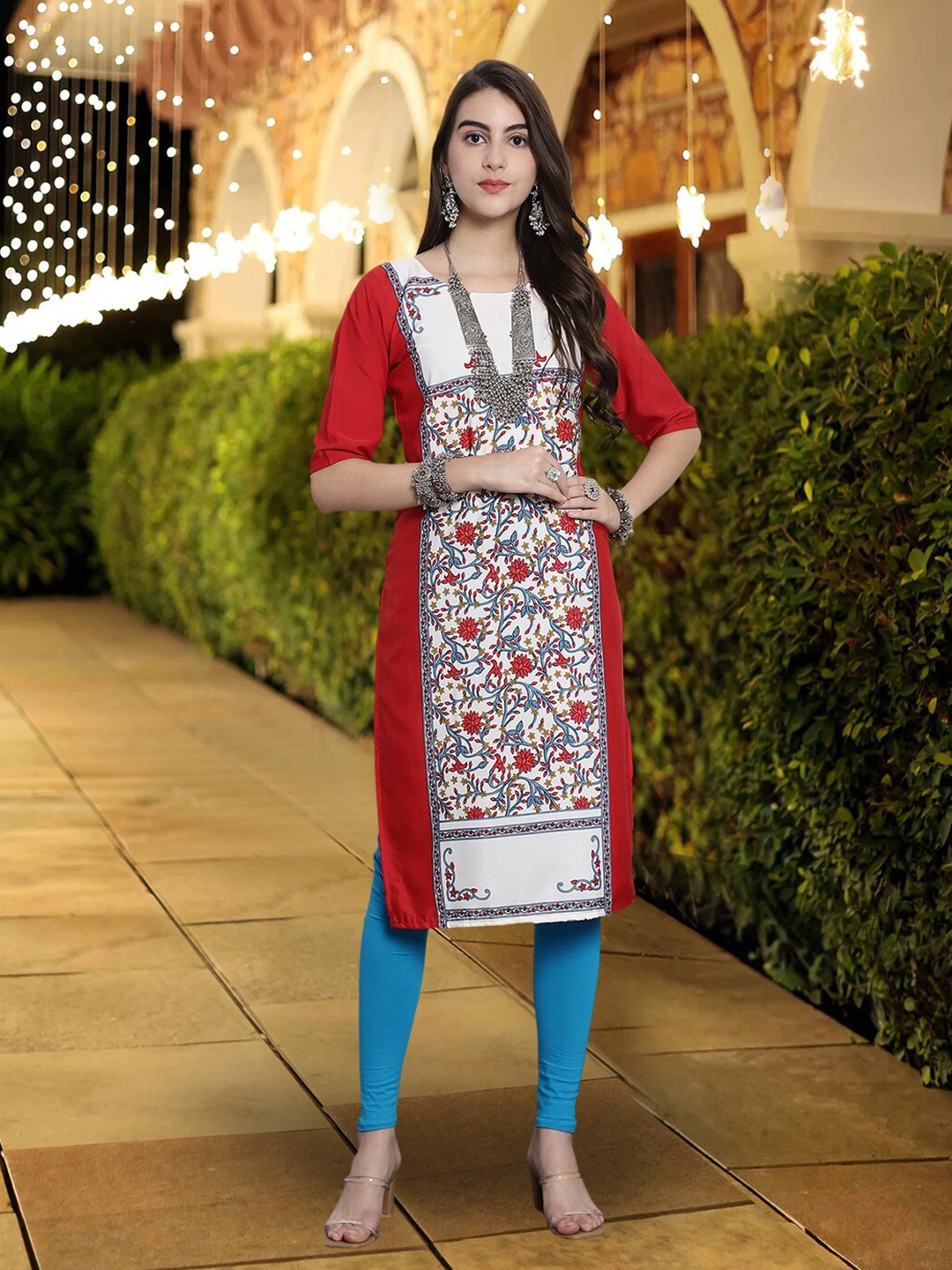 

7Threads Floral Printed Straight Kurta, Red