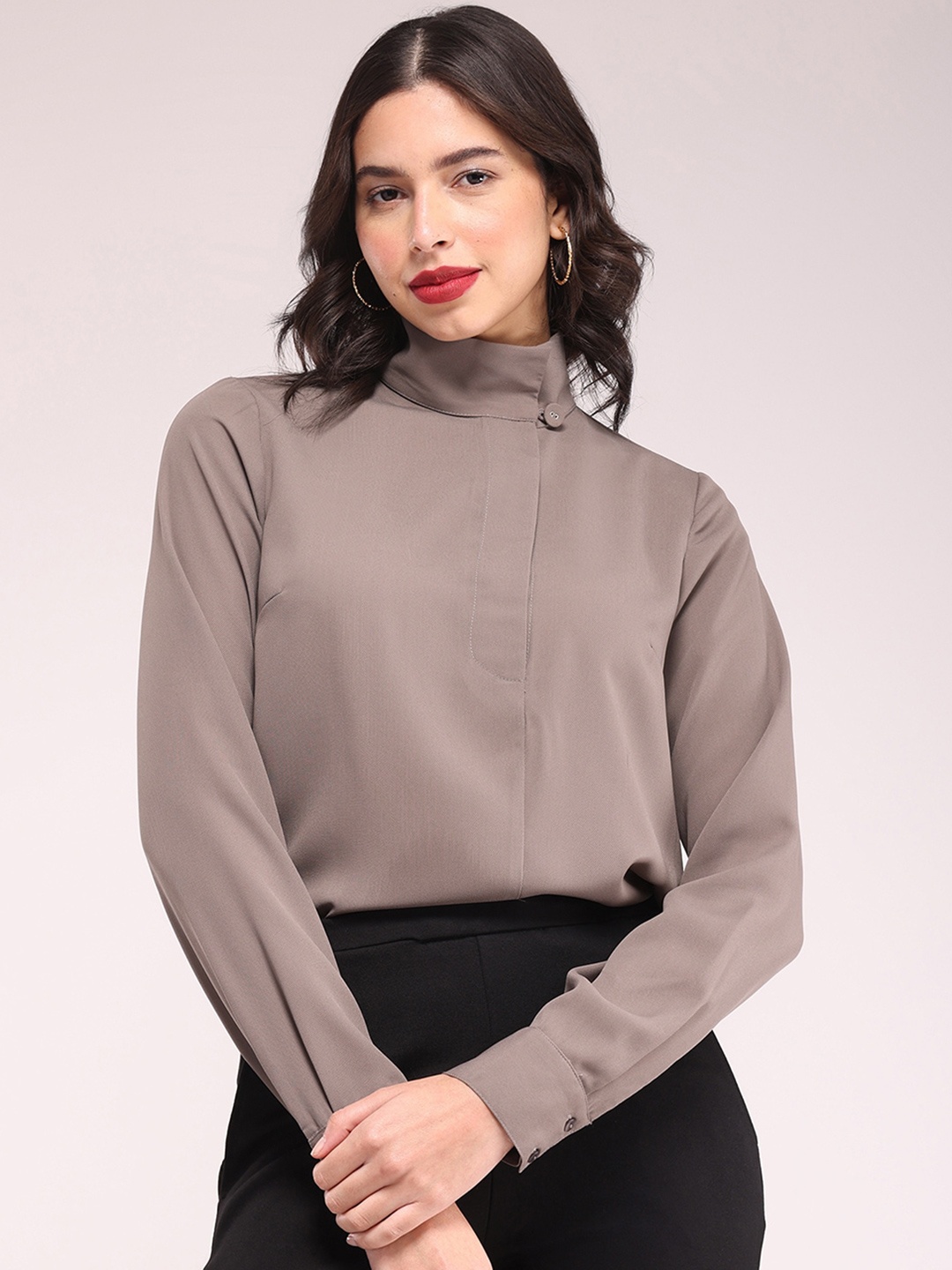 

FableStreet High Neck Cuffed Sleeves Top, Grey