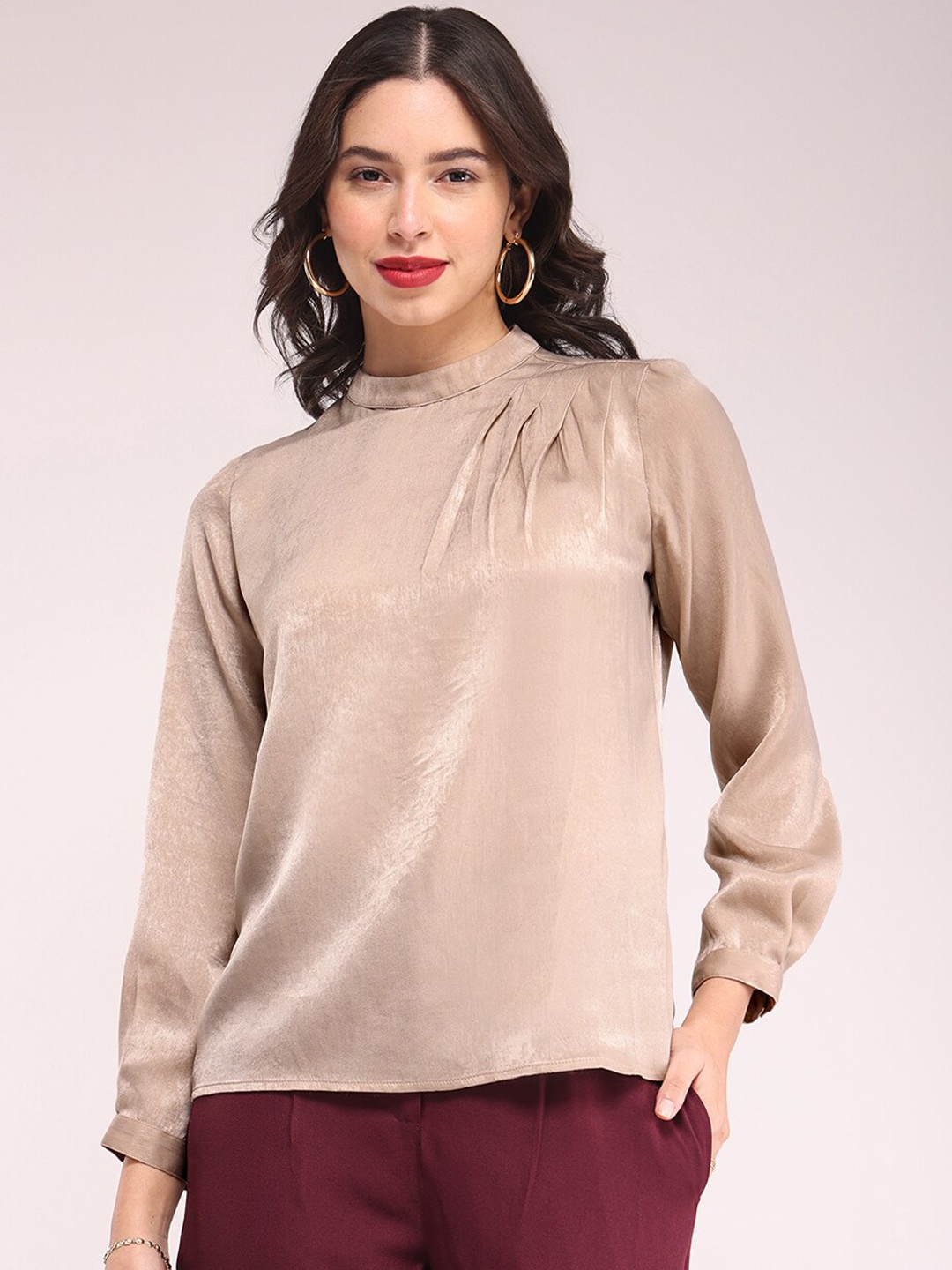 

FableStreet High Neck Satin Top, Beige