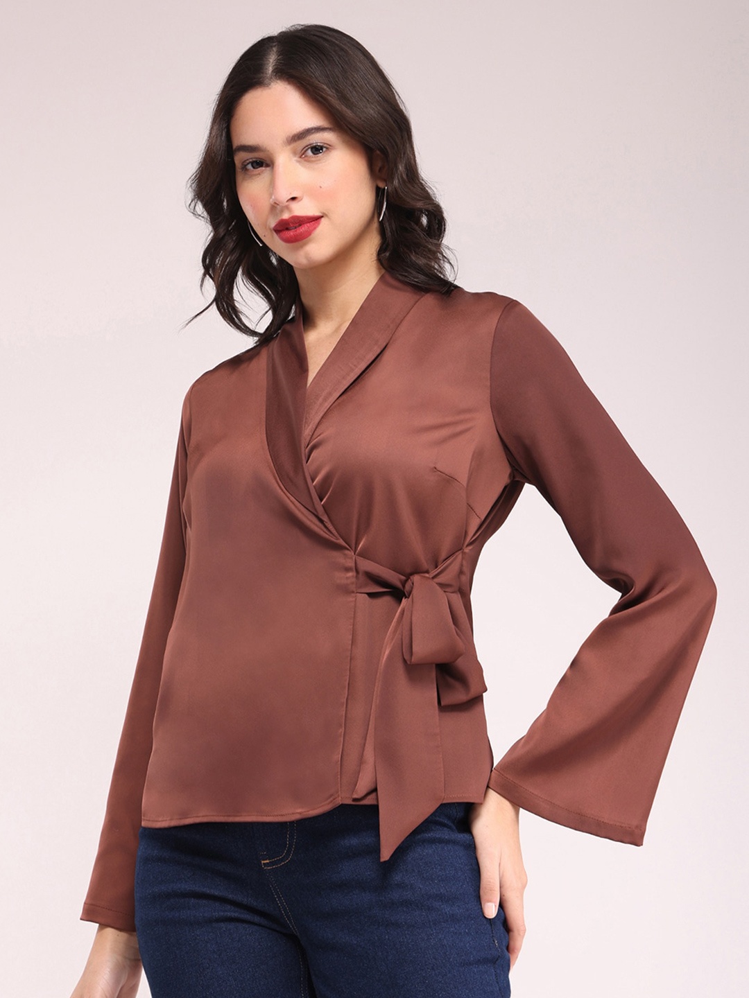 

FableStreet V-Neck Flared Sleeves Satin Wrap Top, Brown