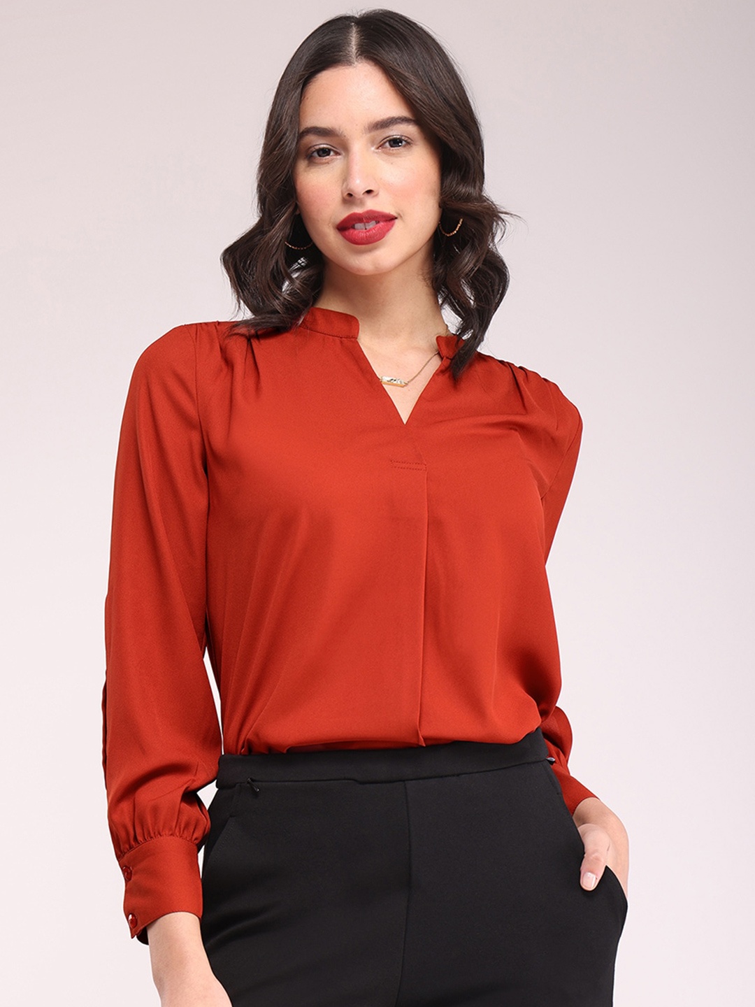 

FableStreet Mandarin Collar Blouson Top, Rust