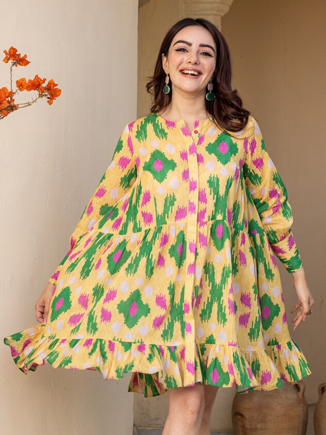 

Ambraee Abstract Printed Cotton Flared A-Line Dress, Yellow