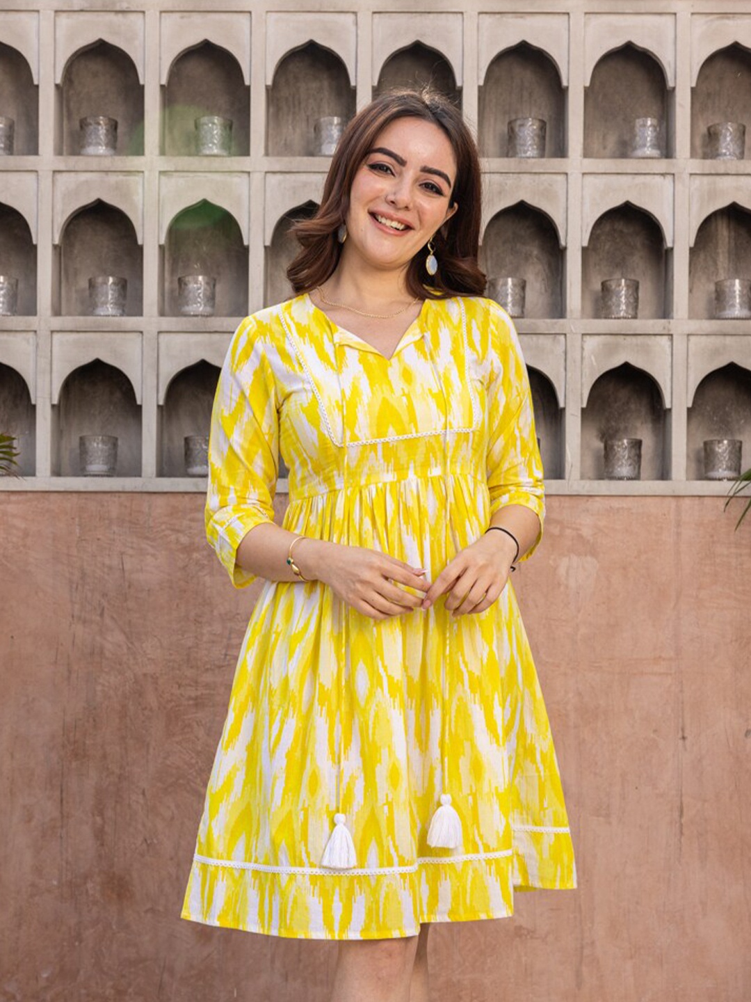 

Ambraee Abstract Printed Cotton Flared A-Line Dress, Yellow