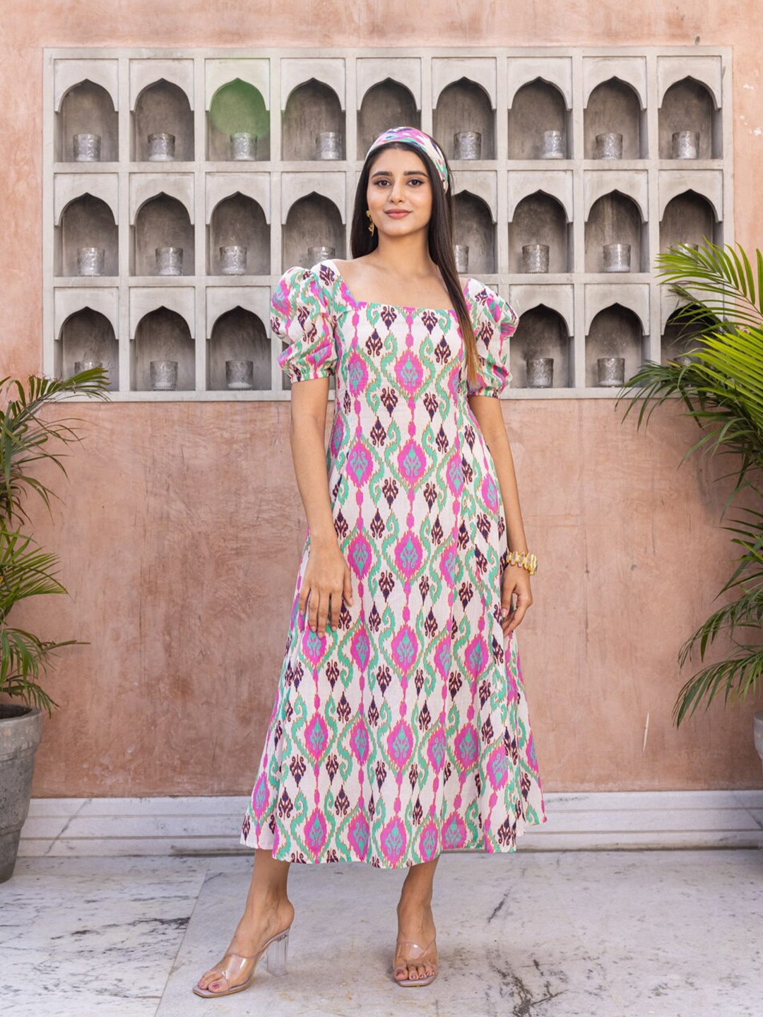 

Ambraee Abstract Printed Cotton Flared A-Line Midi Dress, White