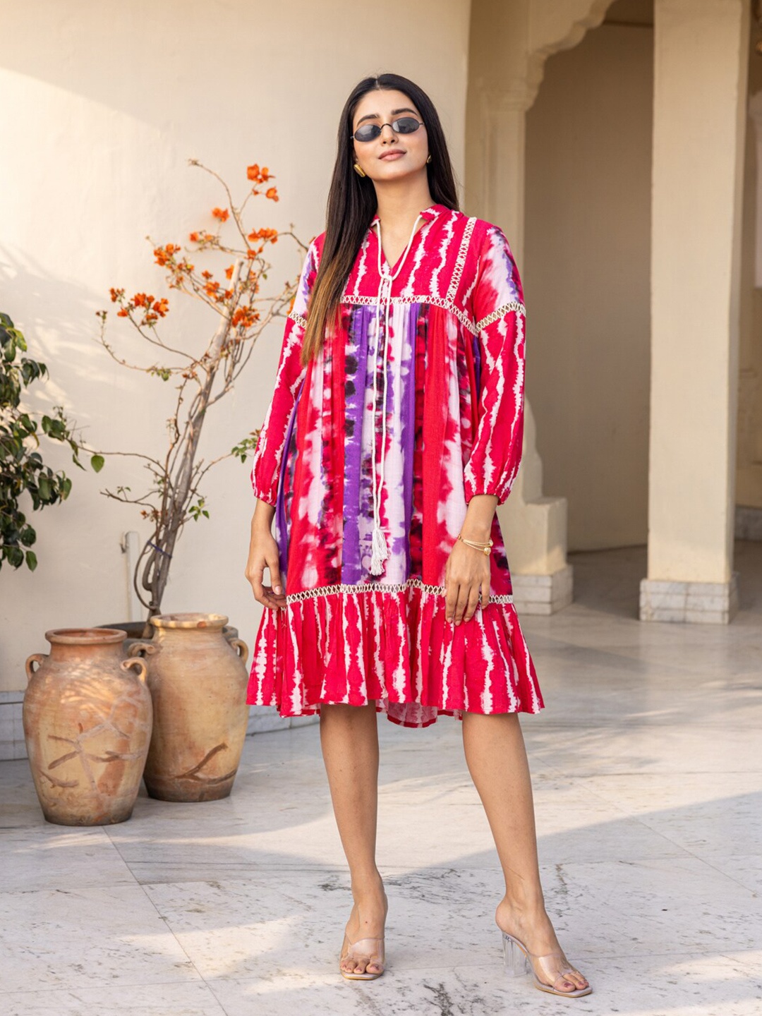 

Ambraee Abstract Printed Flounce Puff Sleeve Holi A-Line Dress, Red