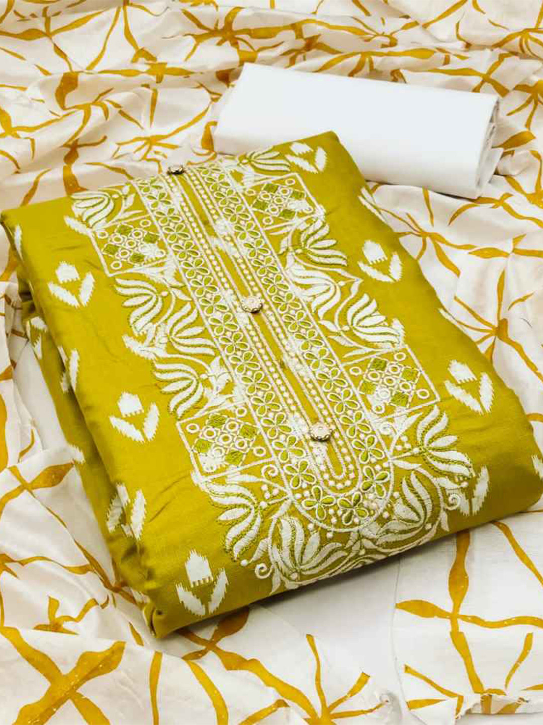 

faxofab Printed Unstitched Dress Material, Mustard