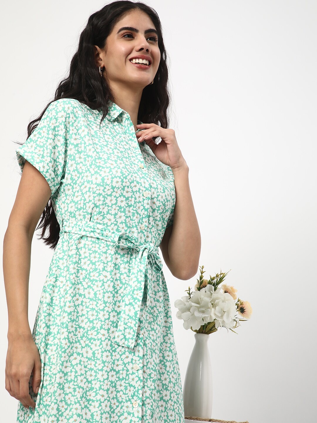 

R&B Shirt Collar Short Sleeves Floral Print Shirt Dress, Green