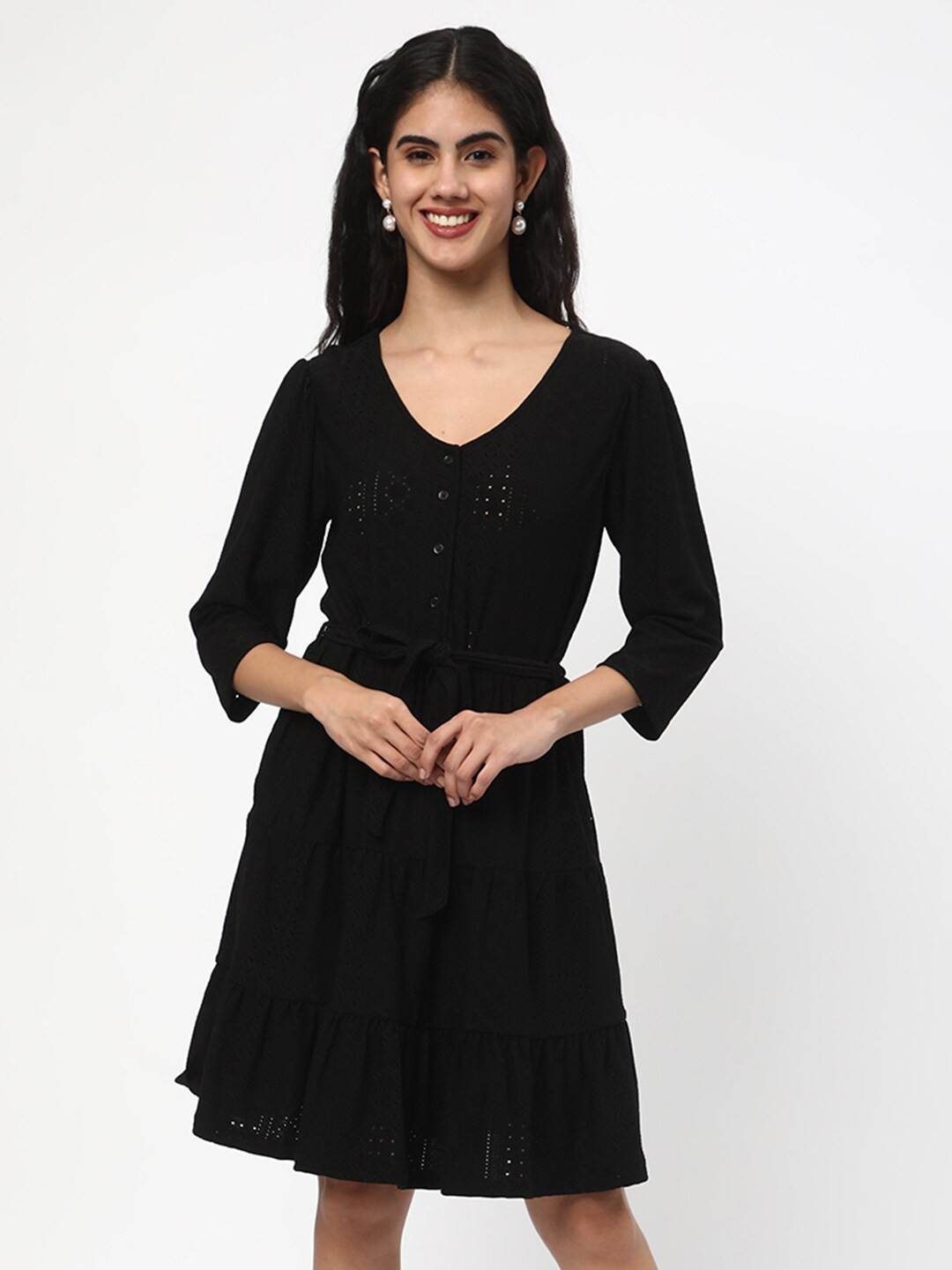 

R&B V-Neck Three Quarter Sleeve A-Line Dress, Black