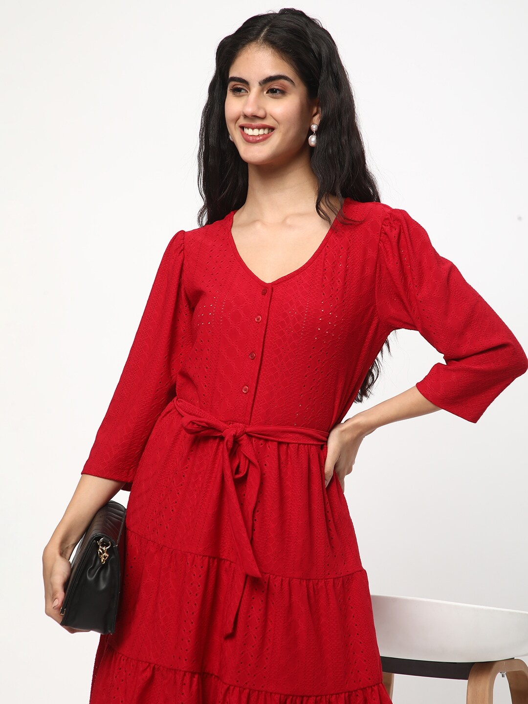 

R&B V Neck Three Quarter Sleeves A-Line Midi Dress, Red