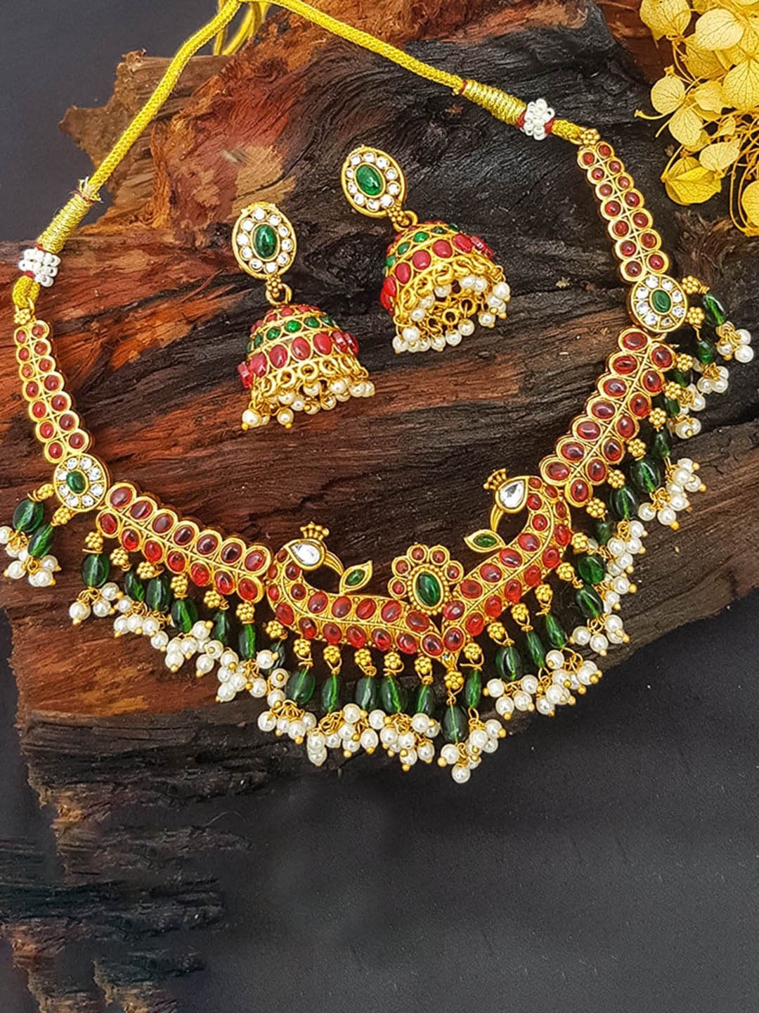 

GRIIHAM Gold Plated Stone Studded & Beaded Jewellery Set