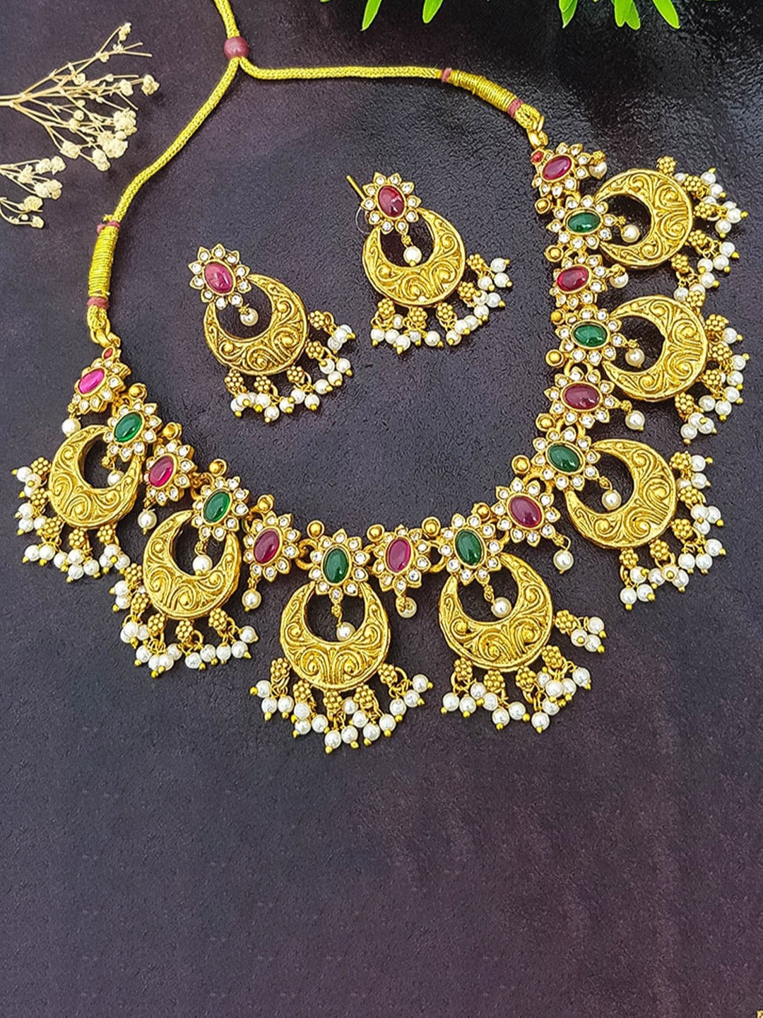 

GRIIHAM Gold-Plated American Diamond Studded & Beaded Necklace And Earrings