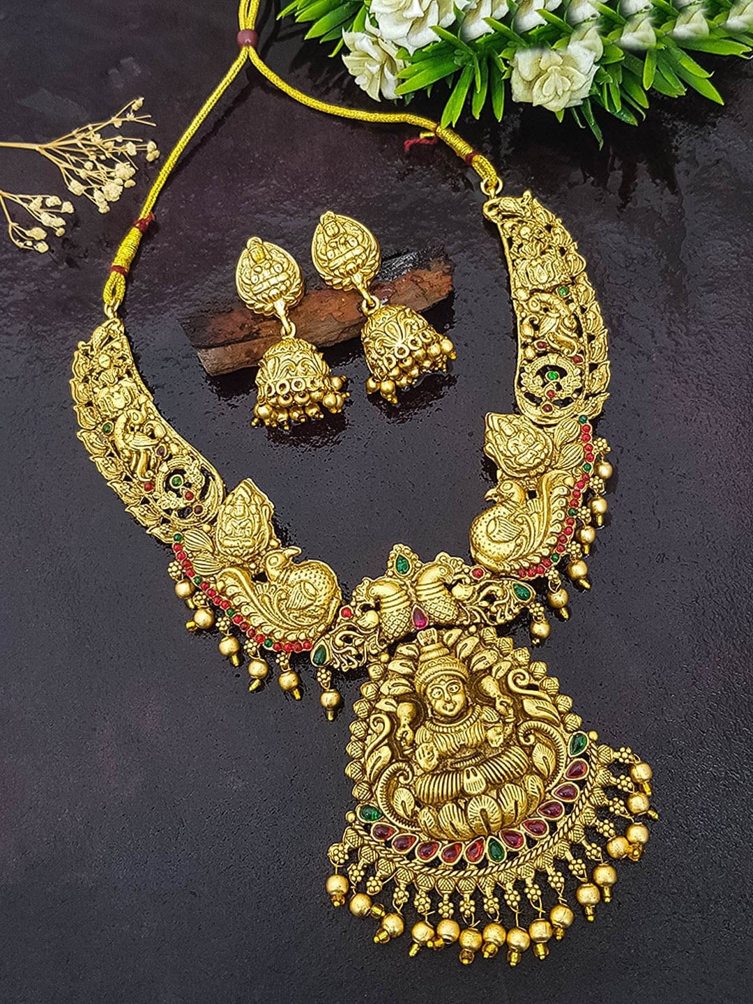 

GRIIHAM Gold-Plated Stone-Studded Peacock-Design Jewellery Set