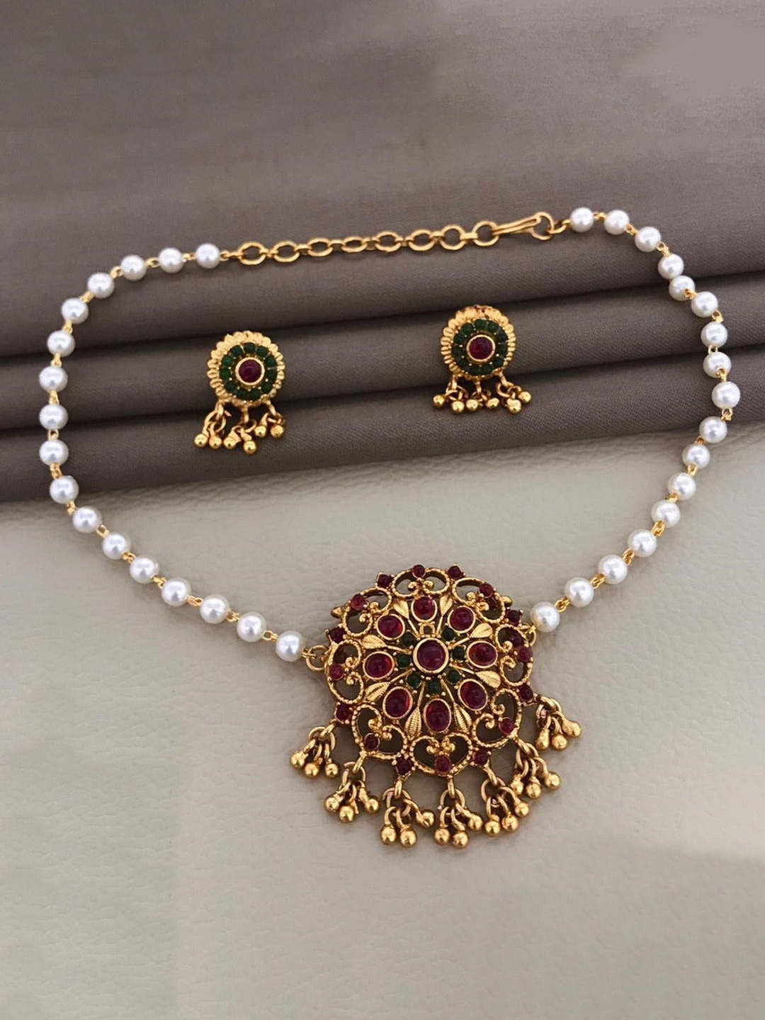 

GRIIHAM Gold-Plated Stone-Studded Necklace and Earrings Set