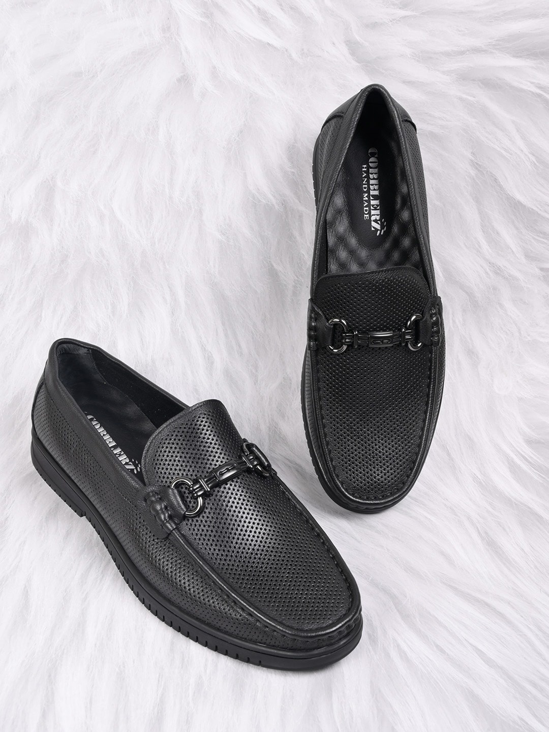 

Cobblerz Men Textured Round Toe Leather Loafers, Black